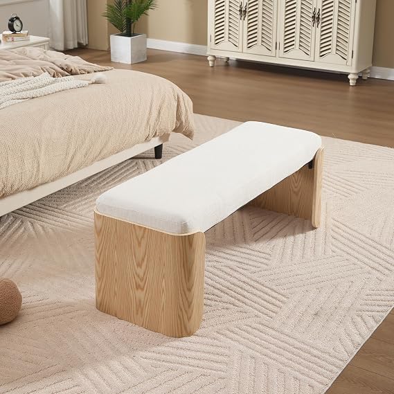 DUOMAY Modern White Chenille Bedroom Bench, 49 Wide Long Entryway Bench with Solid Wood Legs Upholstered Dining Bench Ottoman for Living Room Indoor