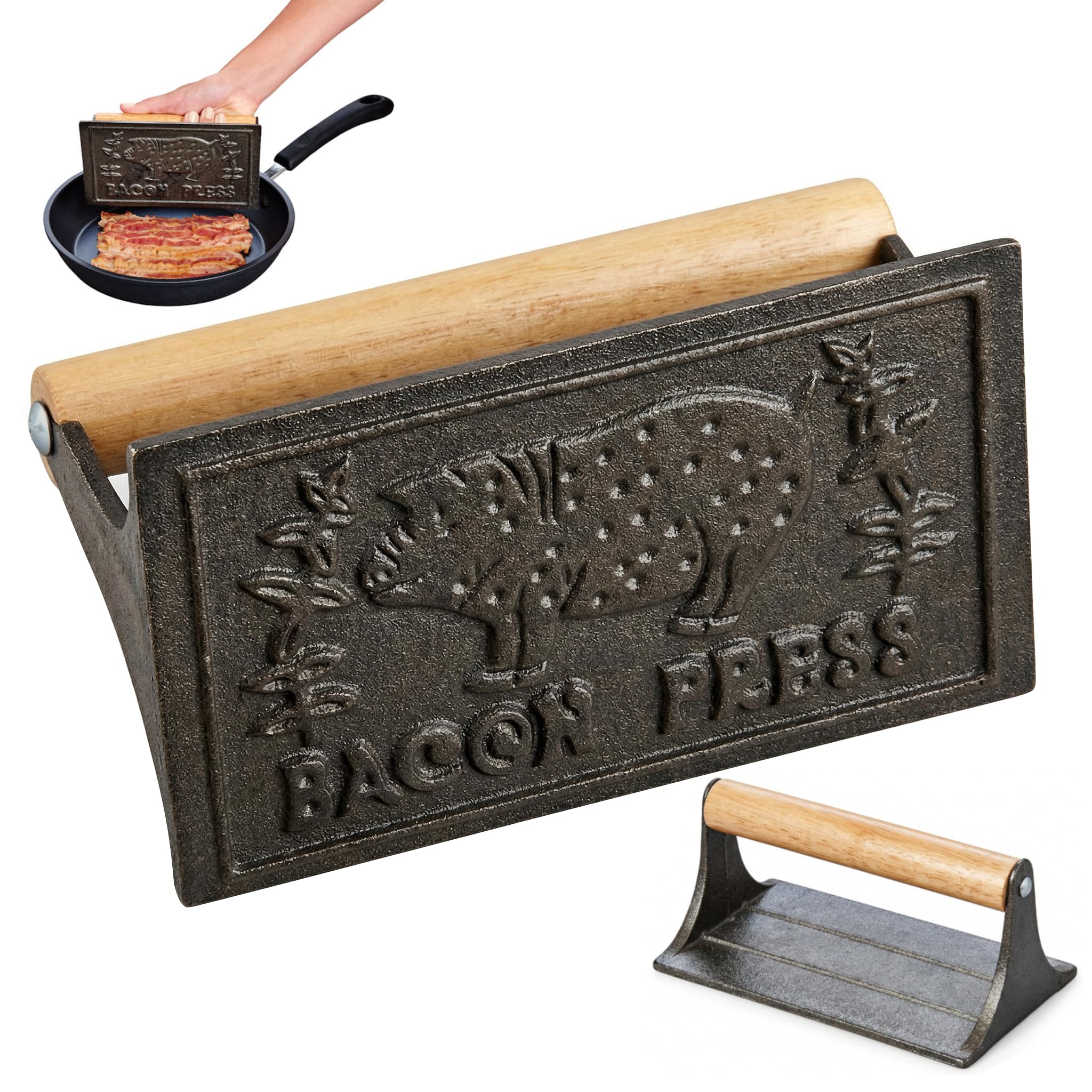 HIC Kitchen Bacon Press, Heavyweight Cast Iron, Rectangular With Wood Handle, For Stovetop Grill And Griddle