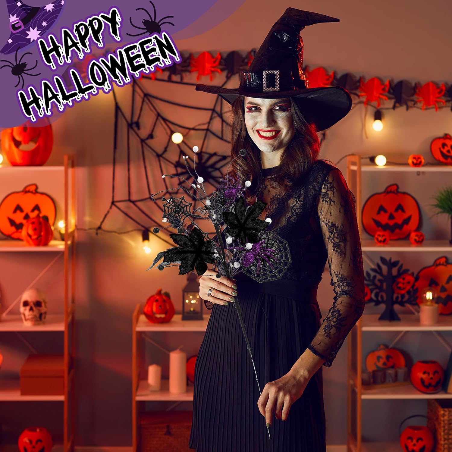 12 Pcs Halloween Floral Picks Decorations Halloween Flowers Artificial, 18.5" Spider Floral Picks and Sprays Branches for Festival Table Centerpieces DIY Crafts Vase Arrangement Home Indoor - Image 7