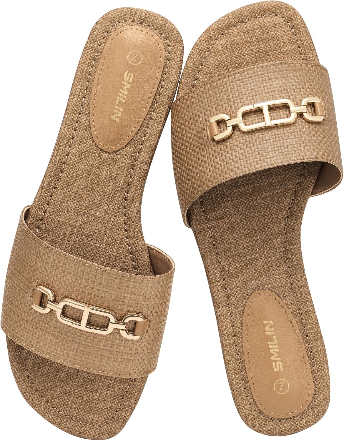 Chic Raffia Sandals Women, Woven Flat Summer Slides Vacation Beach Shoes | Breathable Woven Sandals & Rattan Flat Sandals for Women, Comfy Gold Chain Slides for Women, Summer Beach Vacation Shoes