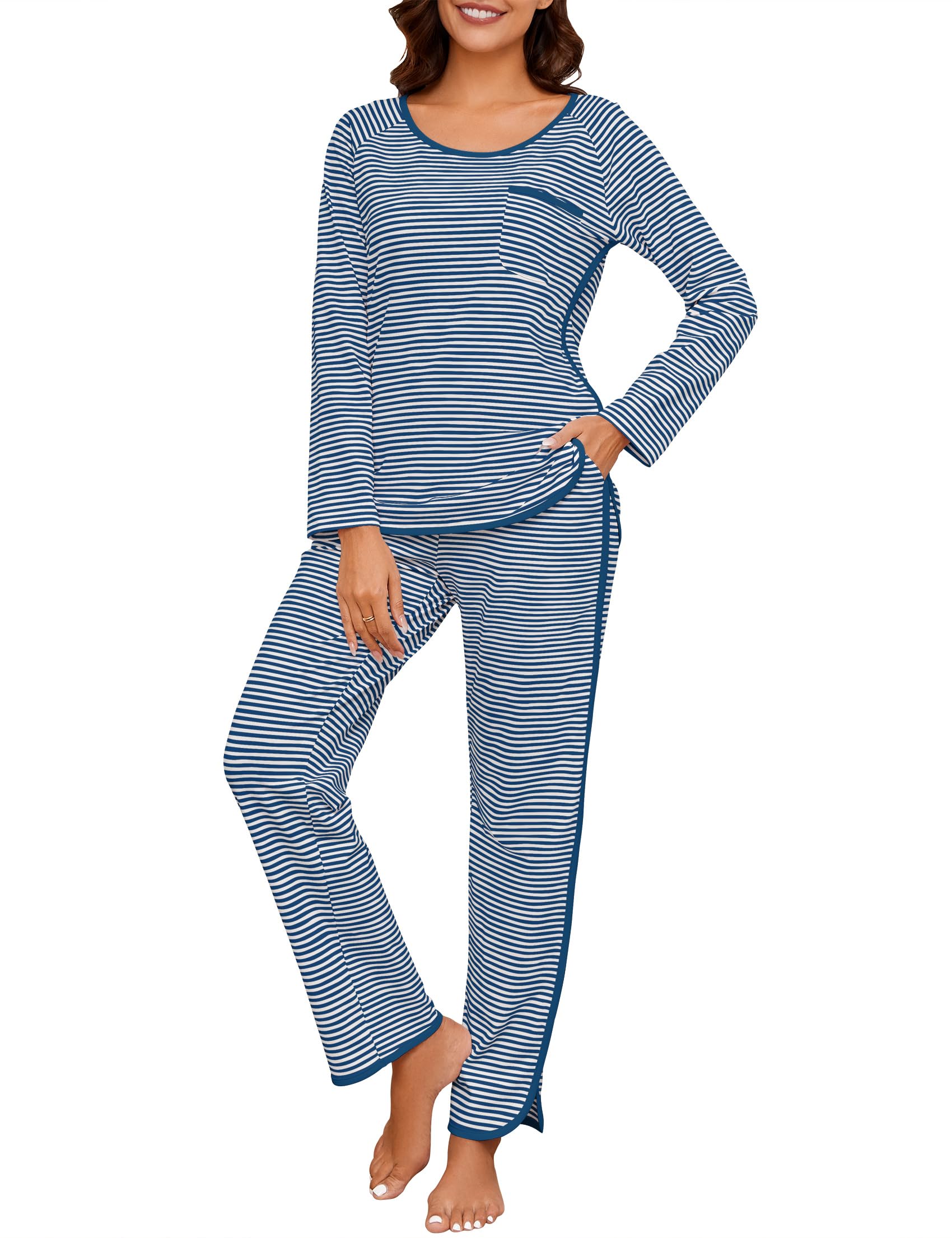 Conjunto de pijama de algodón para mujer, conjunto de 2 piezas de manga larga, cómodo, ropa de dormir con bolsillos