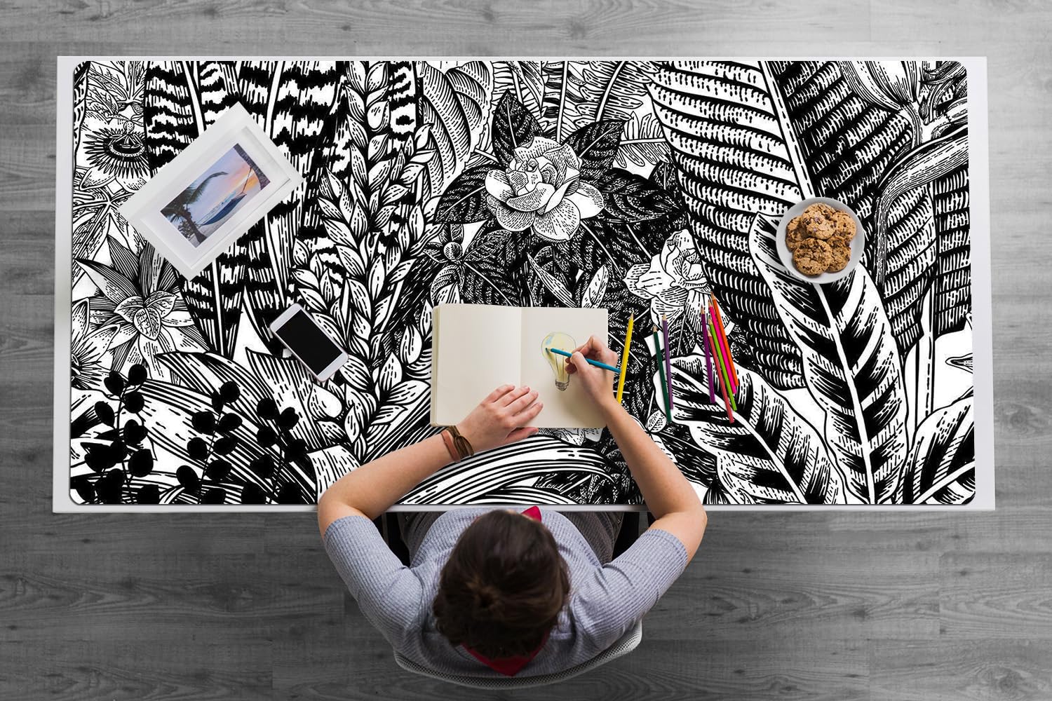 Sottomano da Scrivania 120x60 cm Facile da Pulire Antiscivolo Impermeabile per Ufficio e Casa in Vinile PVC Protezione e Decorazione Superficie Protettiva - Foglie bianche e nere