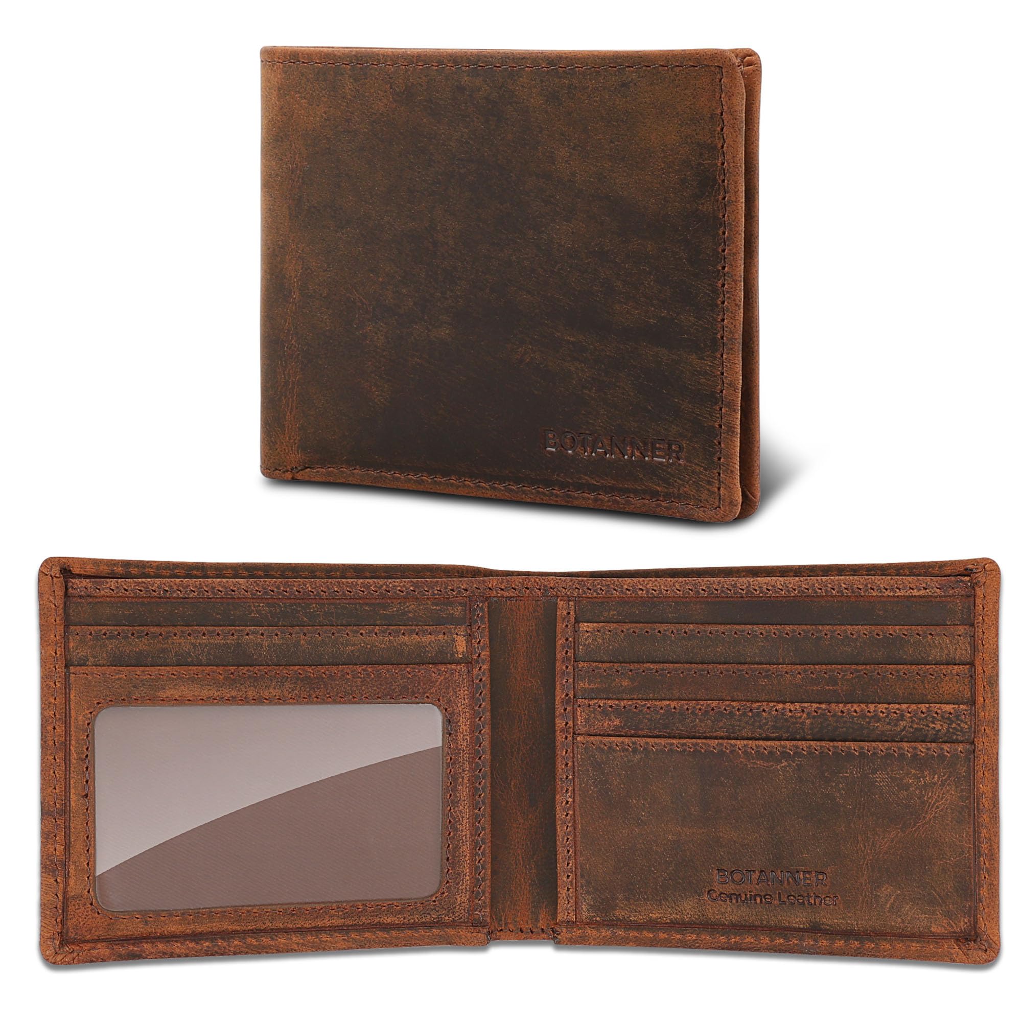 BOTANNER Genuine Leather Bifold Mens Wallet RFID Blocking 5 Credit Card Slots 1 ID Window 2 Sections for Bills 2 Additional Slots | Brown