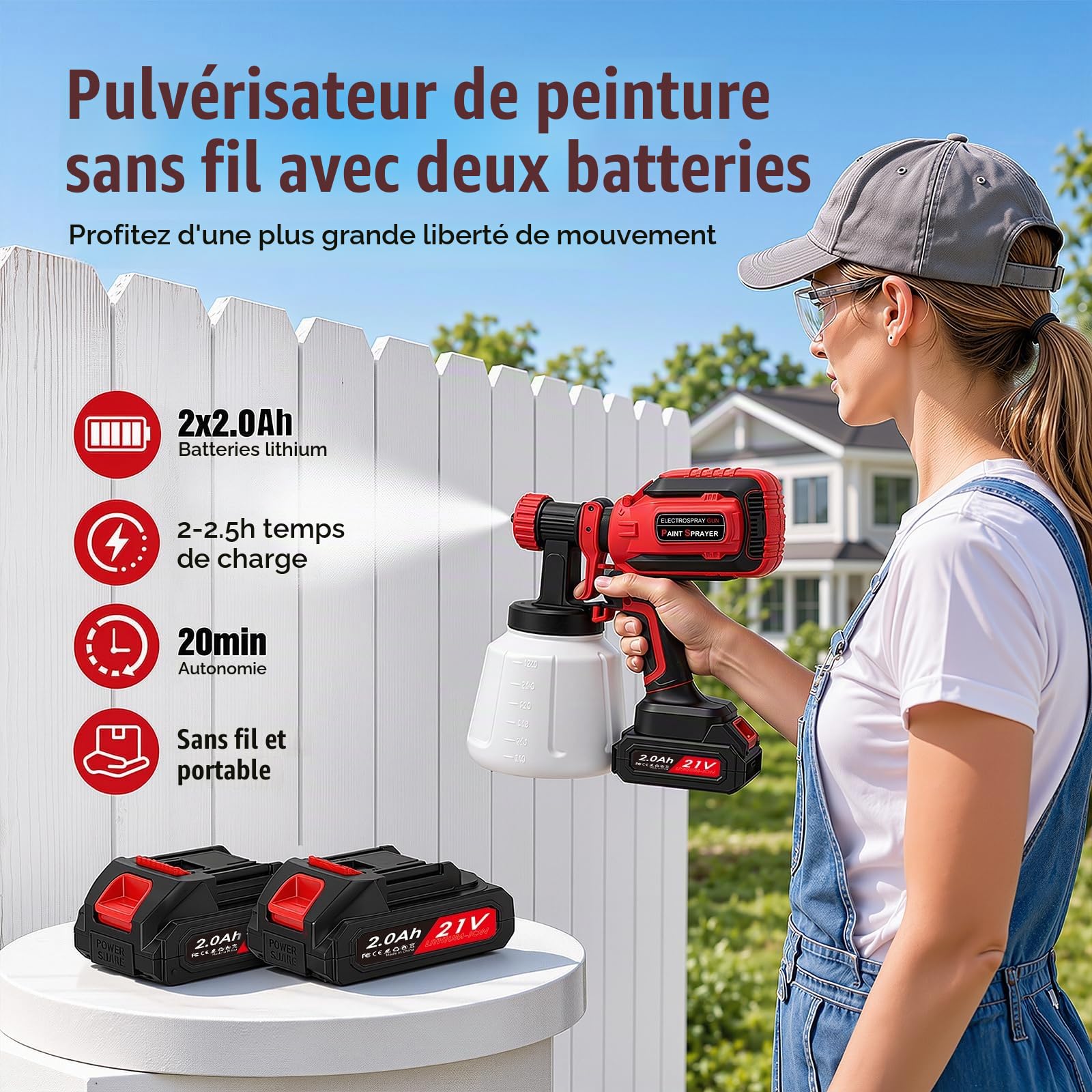 Pistolet à Peinture sans Fil 21V HVLP 800 ML/Min avec 5 Buses, Réservoir 1200 ML & 2 Batteries – 3 Modes de Pulvérisation pour Meubles, Clôtures, Portes & Bricolage