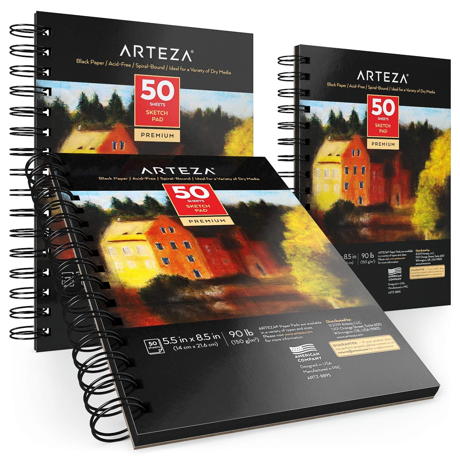 Bloc de croquis noir Arteza, 14X21,6 cm, paquet de 3, 150 feuilles (90lb/150gsm), 50 feuilles chacune, reliure spirale, papier épais, pour crayons graphite, de couleur, fusain