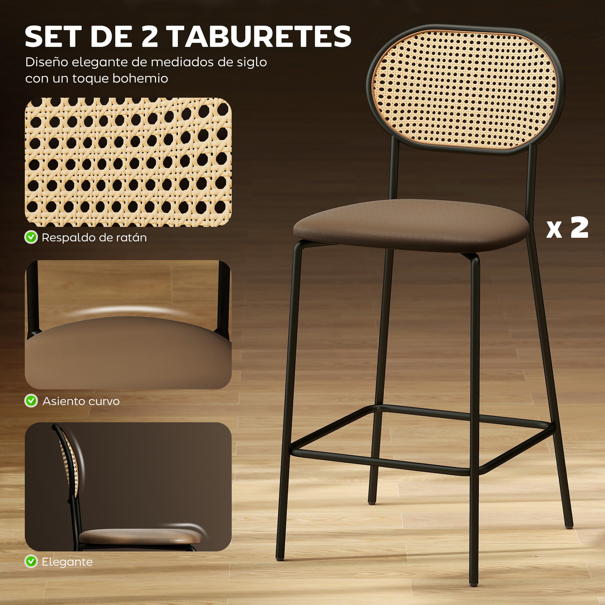 HOMCOM Juego de 2 Taburetes de Bar Taburetes Altos de Cocina con Respaldo de Ratán Asiento de PU Marco de Acero y Reposapiés para Comedor Mostrador 45x50x97 cm Marrón
