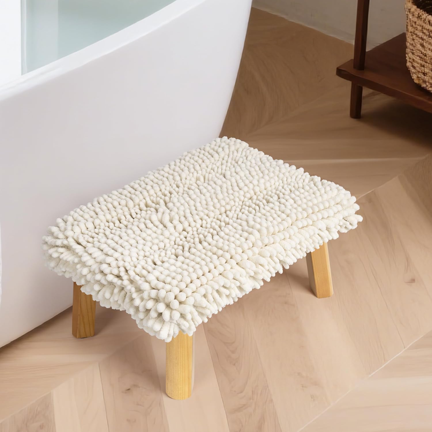 Sunlit One Step Stool with Absorbent Chenille, Holds up to 550 lbs, Non-Slip Natural Wood Color, Wooden Step Stool for Adults, Step Stools for Kids, Bathroom, Cream White