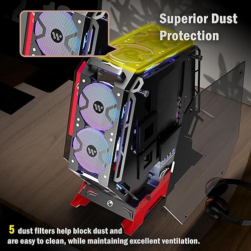 Vista 5 de KEDIERS PC Case C570 ATX Mid Tower - Carcasa de vidrio templado para computadora de juegos, marco abierto con 5 ventiladores PWM ARGB (570 rojo)