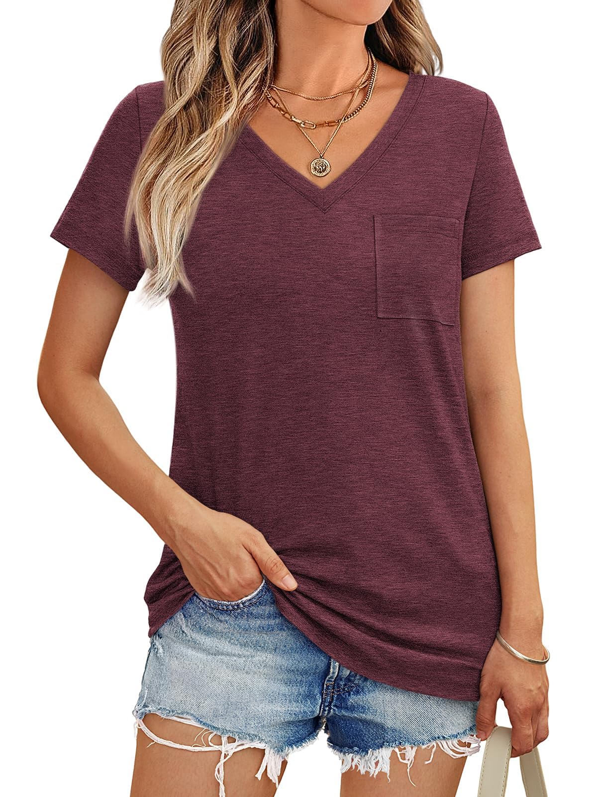 Haslike Frauen Sommer Solide V-Ausschnitt T-Shirt Tops Lose Fit Kurzarm T-Shirt Top