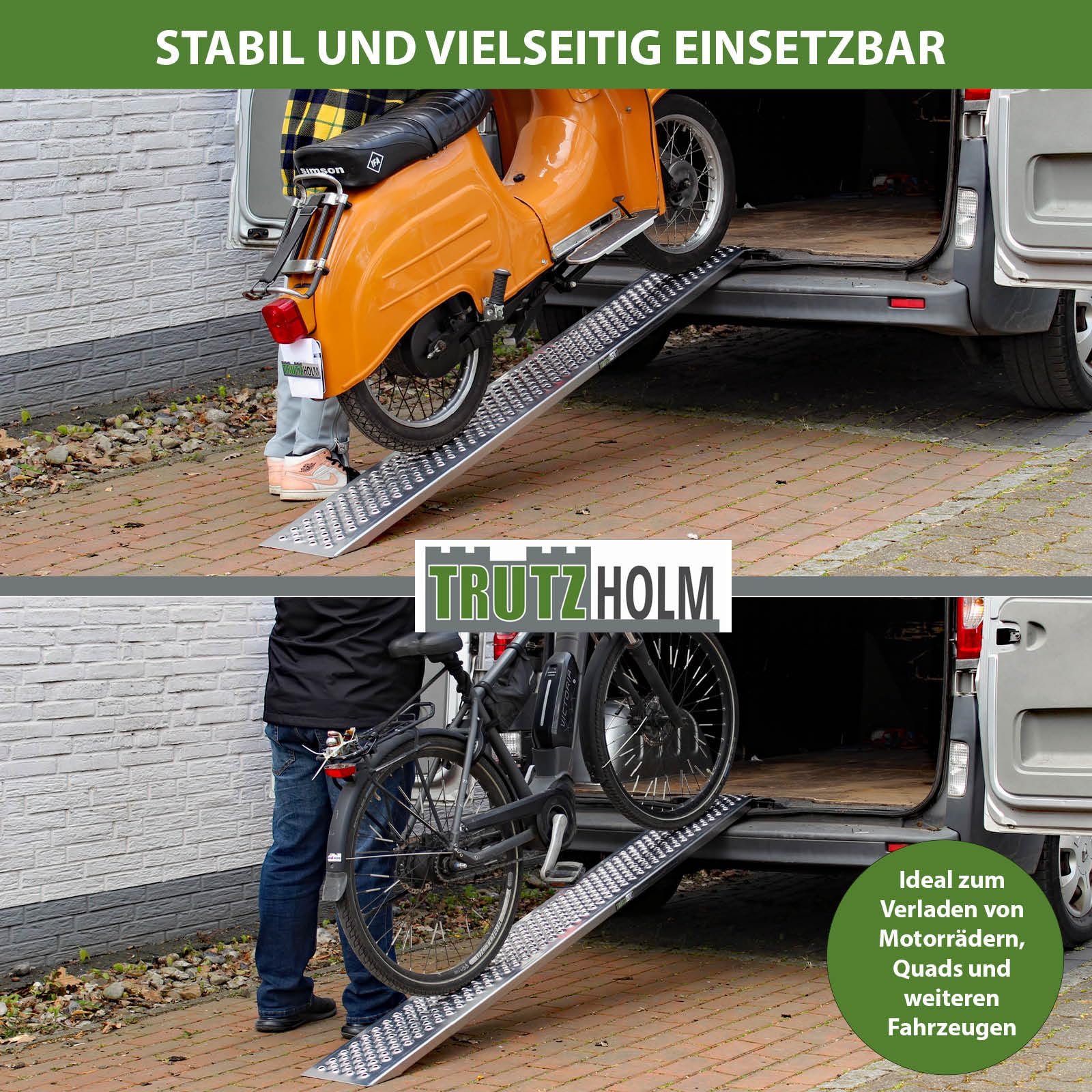 TRUTZHOLM Auffahrrampe Aluminium Länge 200 cm Auffahrbreite 22 cm Tragkraft 200 kg gelochte Lauffläche Rampe starr für Fahhrad E-Bike Motorradrampe für leichte Motorräder Mopeds Mofas Verladerampe