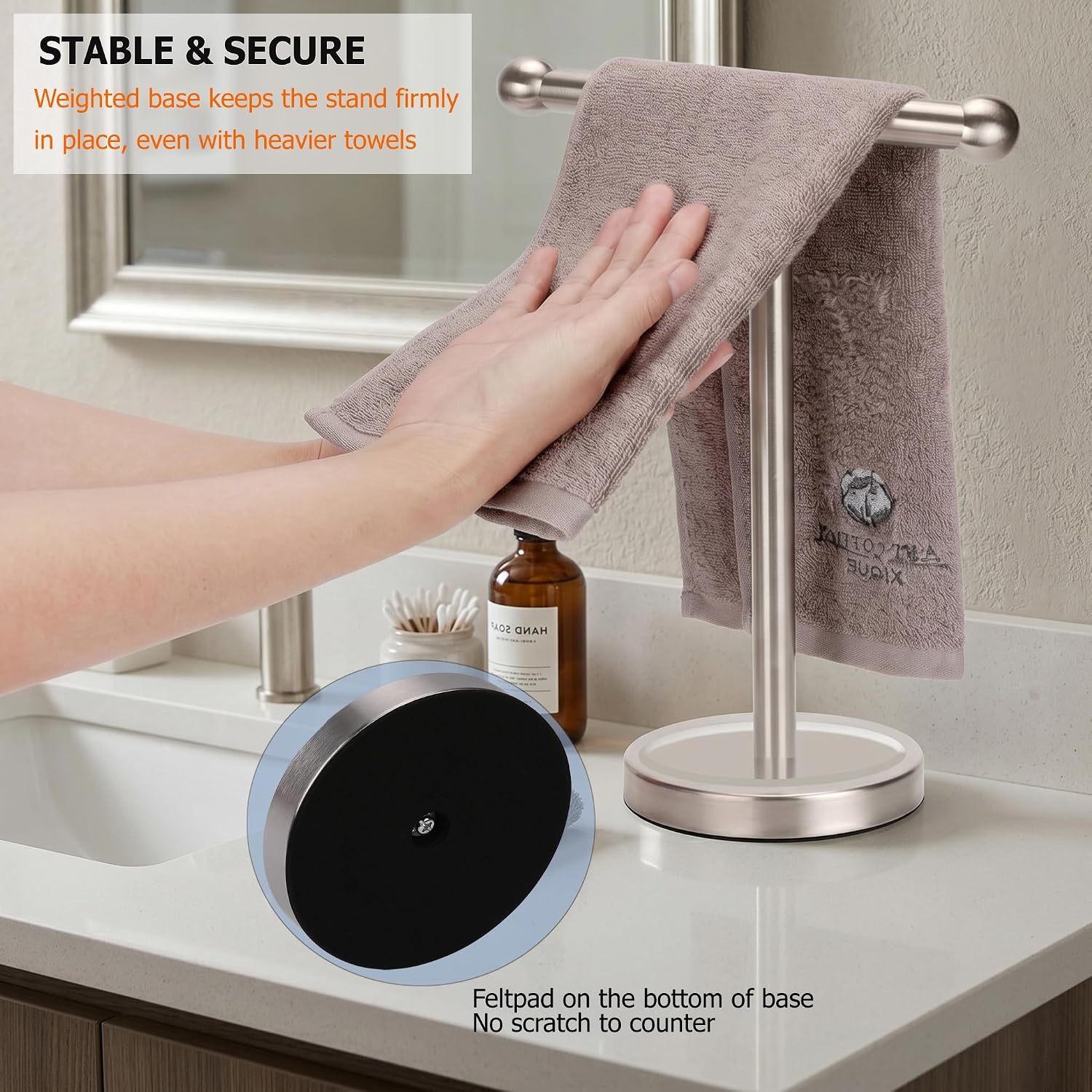 Hand Towel Holder Stand with Heavy Stainless Steel Base, T-Shape Towel Rack, Free-Standing Towel Holder Countertop for Bathroom (Brushed Nickel) image 5