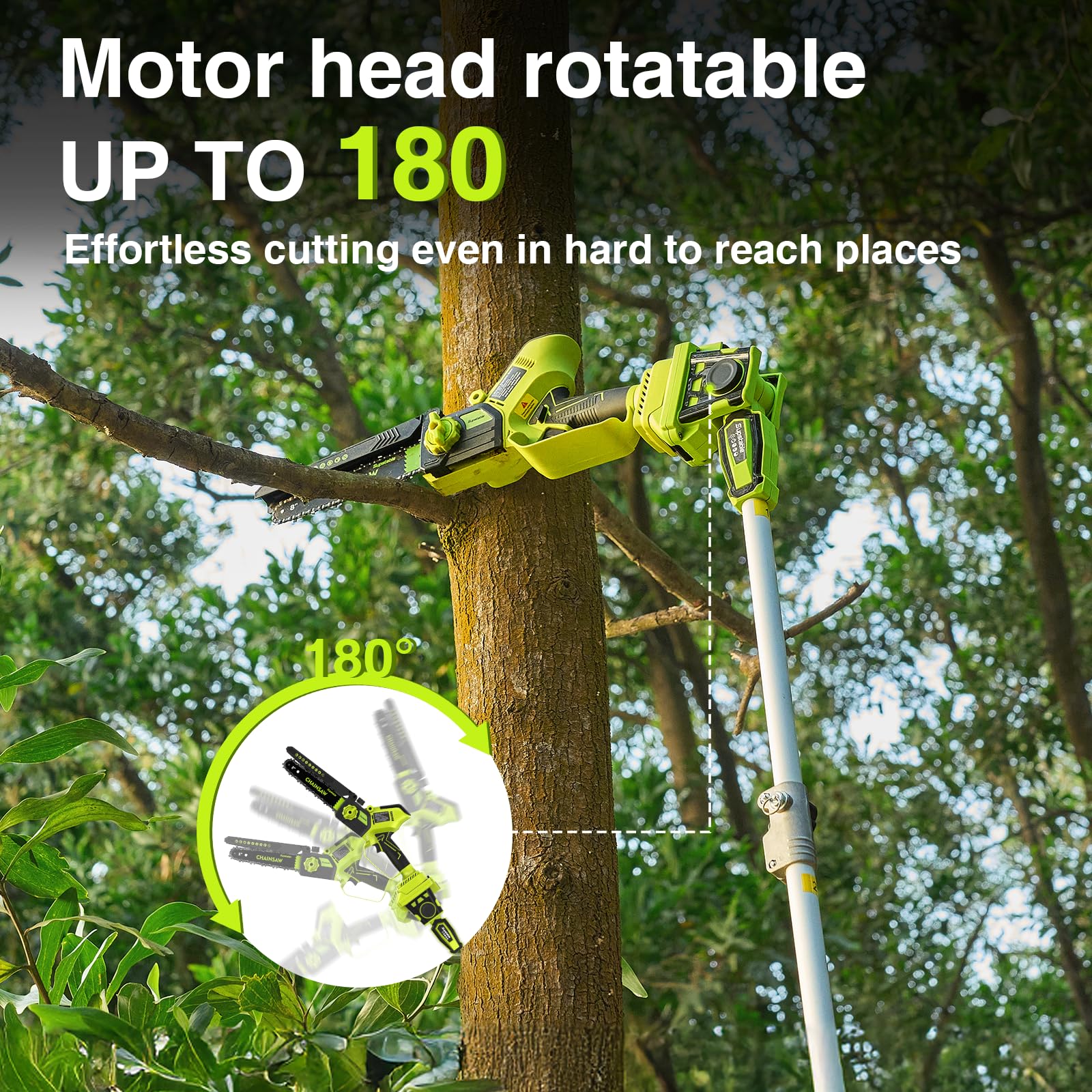 Supstable Élagueuse sur Perche sans Fil, Scie à Élaguer Télescopique de 8 Pouces avec Tête Pivotante à 180°, Mini Tronçonneuse avec 2 Batteries de 4000mAh & Chargeur, Perche Réglable jusqu'à 2,8M