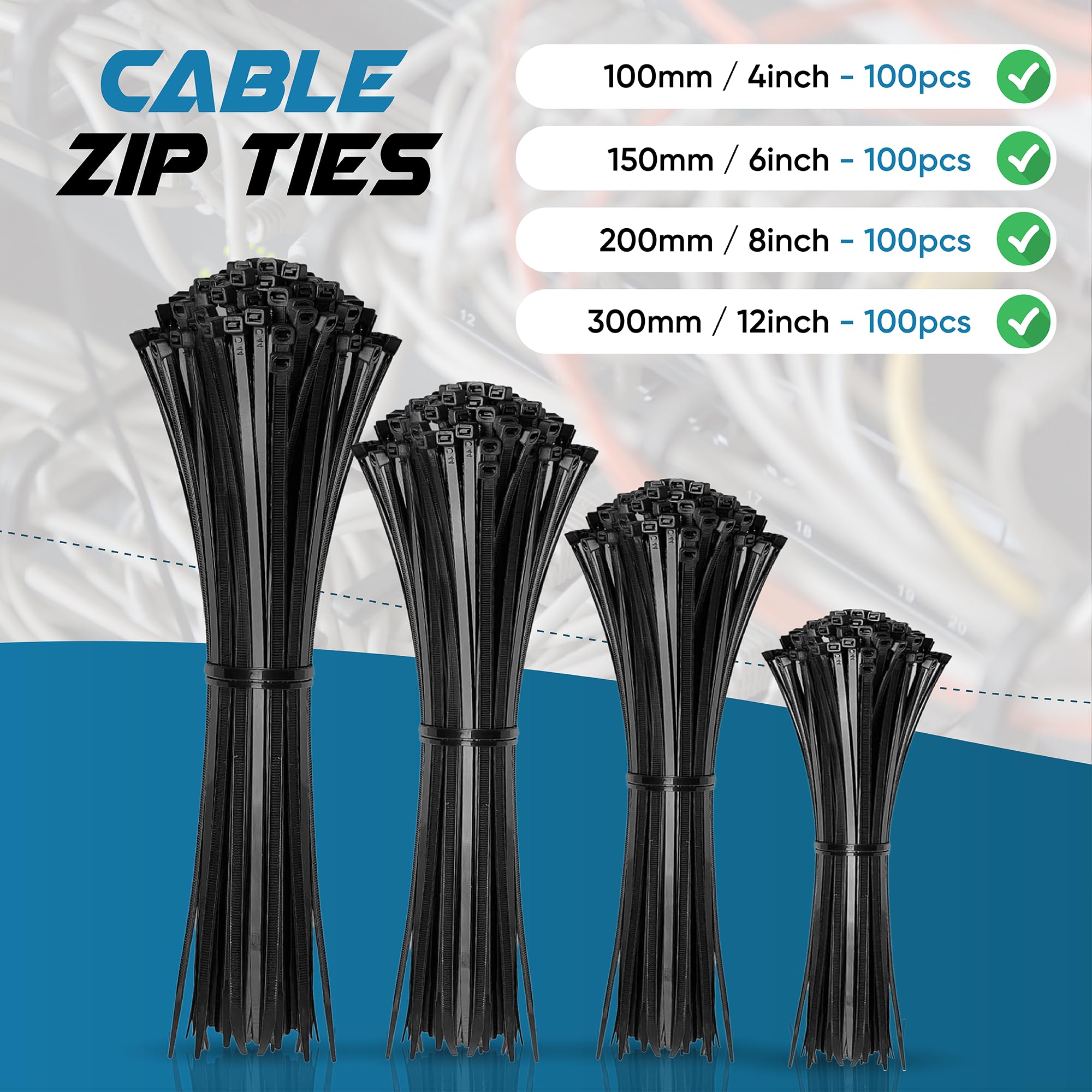 Bridas para cables, paquete de 400 unidades, color negro, tamaños surtidos, 30,5 + 15,2 cm, multiusos, de nailon, autobloqueo, para el hogar, oficina, jardín, taller