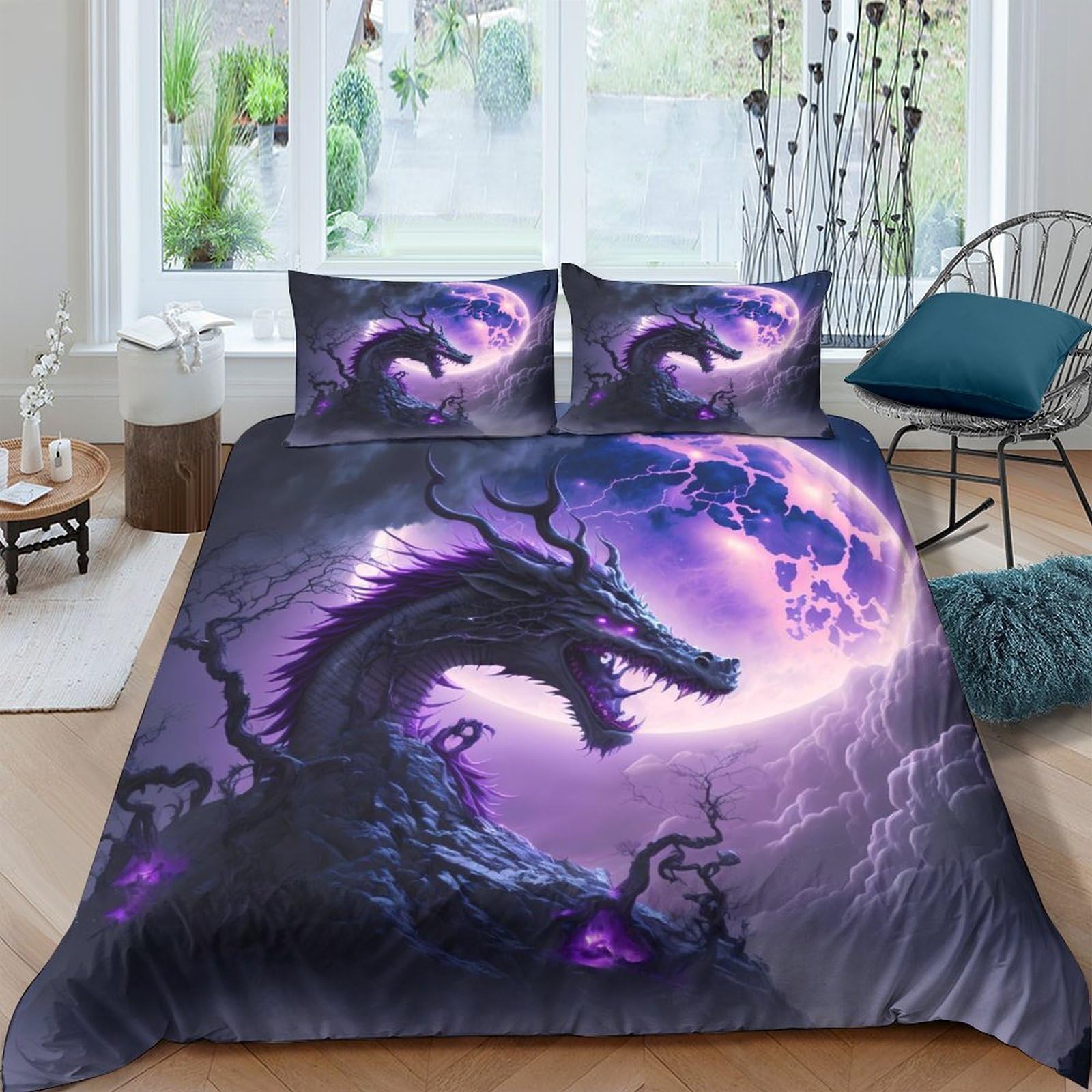 Ctjqhvkz Style-6 3D Printed Purple Moon Dragon Fitted Sheet Microfiber Soft Anti-Slip Bed Cover For Bedroom Guestroom Dorm Decor Single（135X200cm）