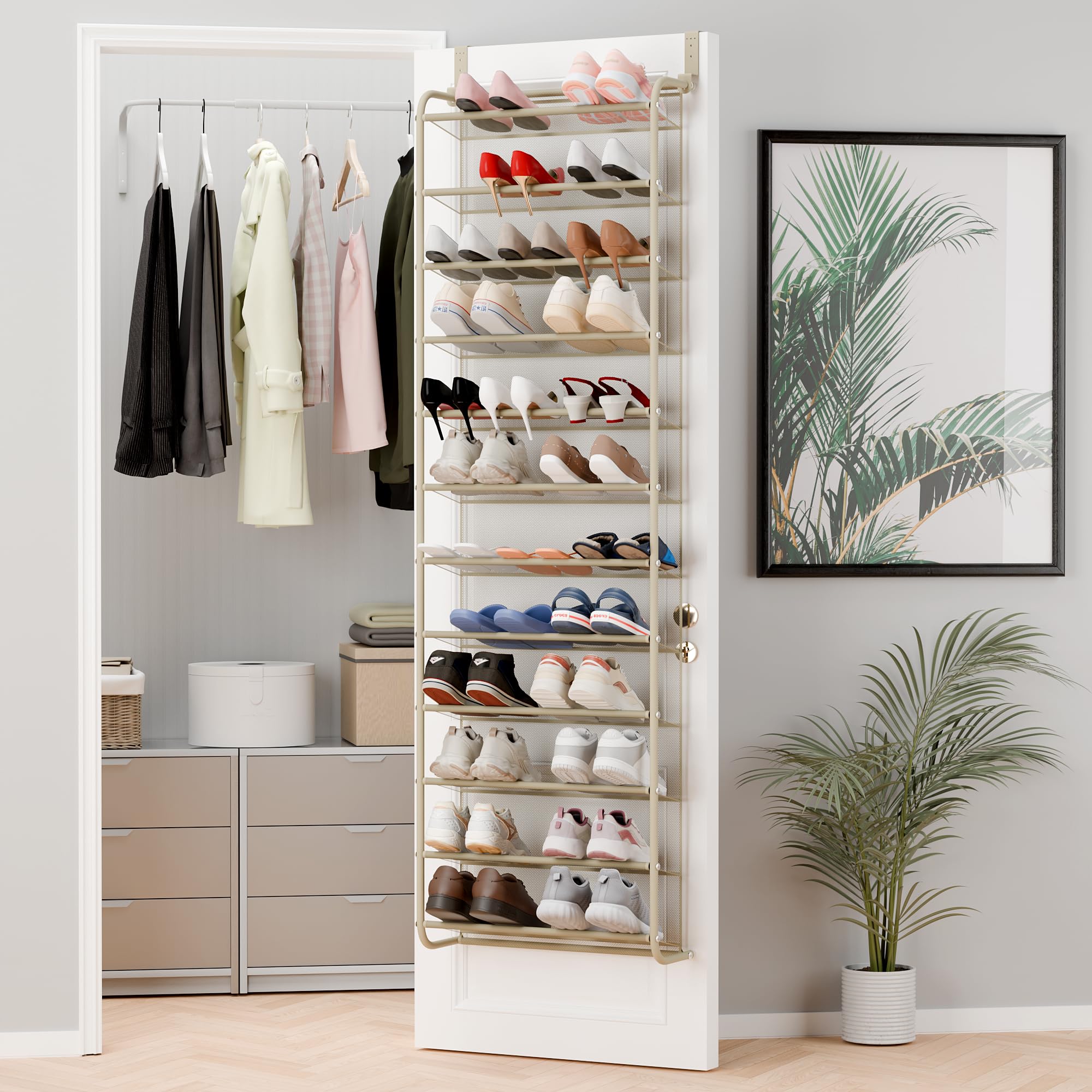 Photo 1 of Whitmor 36 Pair Over The Door Shoe Organizer, 12 Tier Hanging Shoe Organizer, Heavy Duty Metal & Mesh Shoe Holder, Hanging Shoe Rack for Closet Organizer & Storage, 74" L x 21.7" W x 7.5" H, Oat