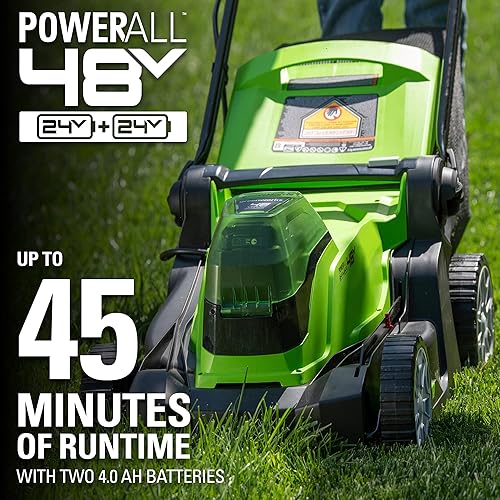 Miniatura 4 de Greenworks - Cortacésped inalámbrico sin escobillas de 48 V (2 x 24 V) de 17 pulgadas, (2) baterías USB de 4.0 Ah (multipuerto USB) y cargador