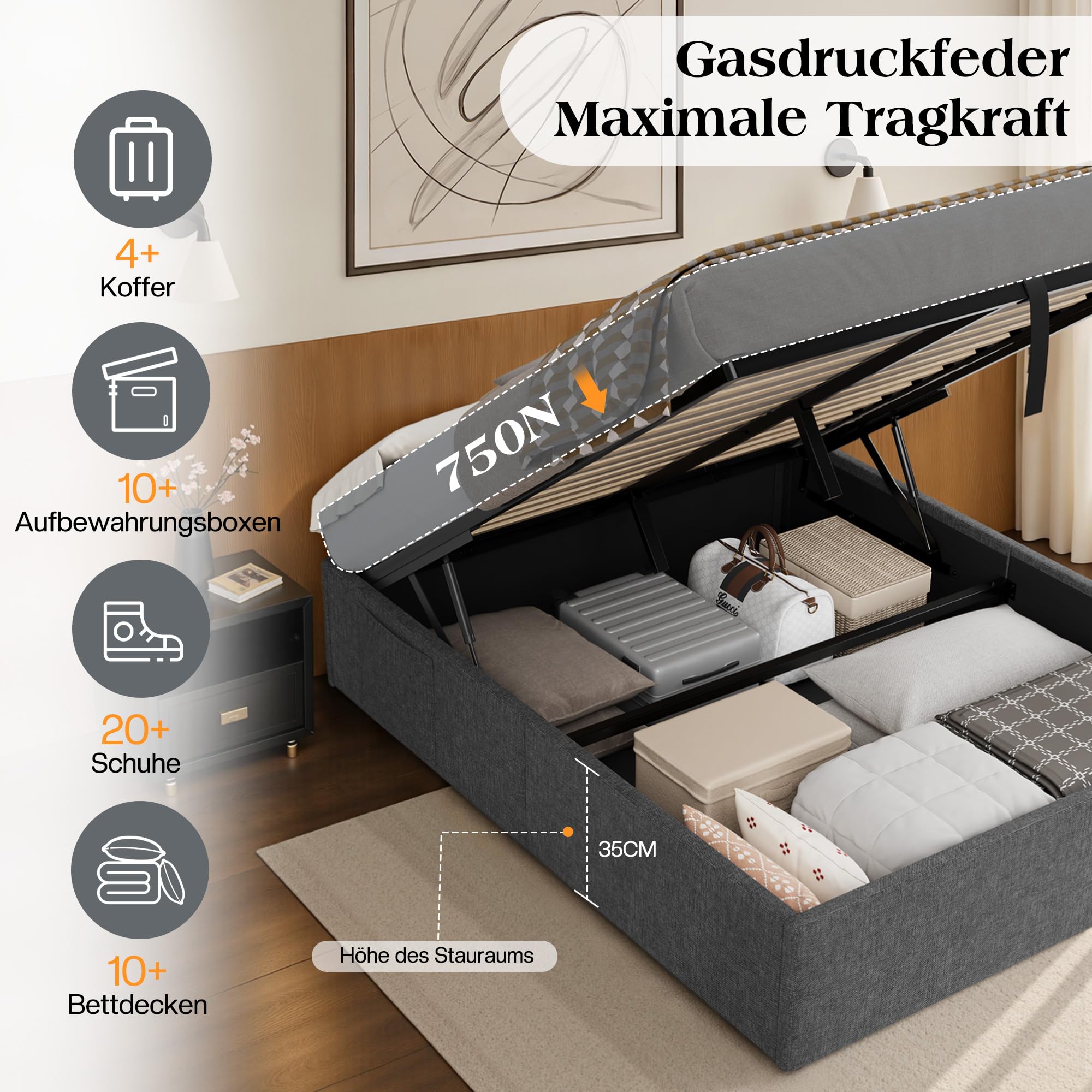 LUXOAK Bett 140x200 cm mit Stauraum und Gasdruckfeder, USB-Anschluss, LED-Nachtlicht, Seitentasche, geräuscharm, einfache Montage, kein Boxspring nötig, grau