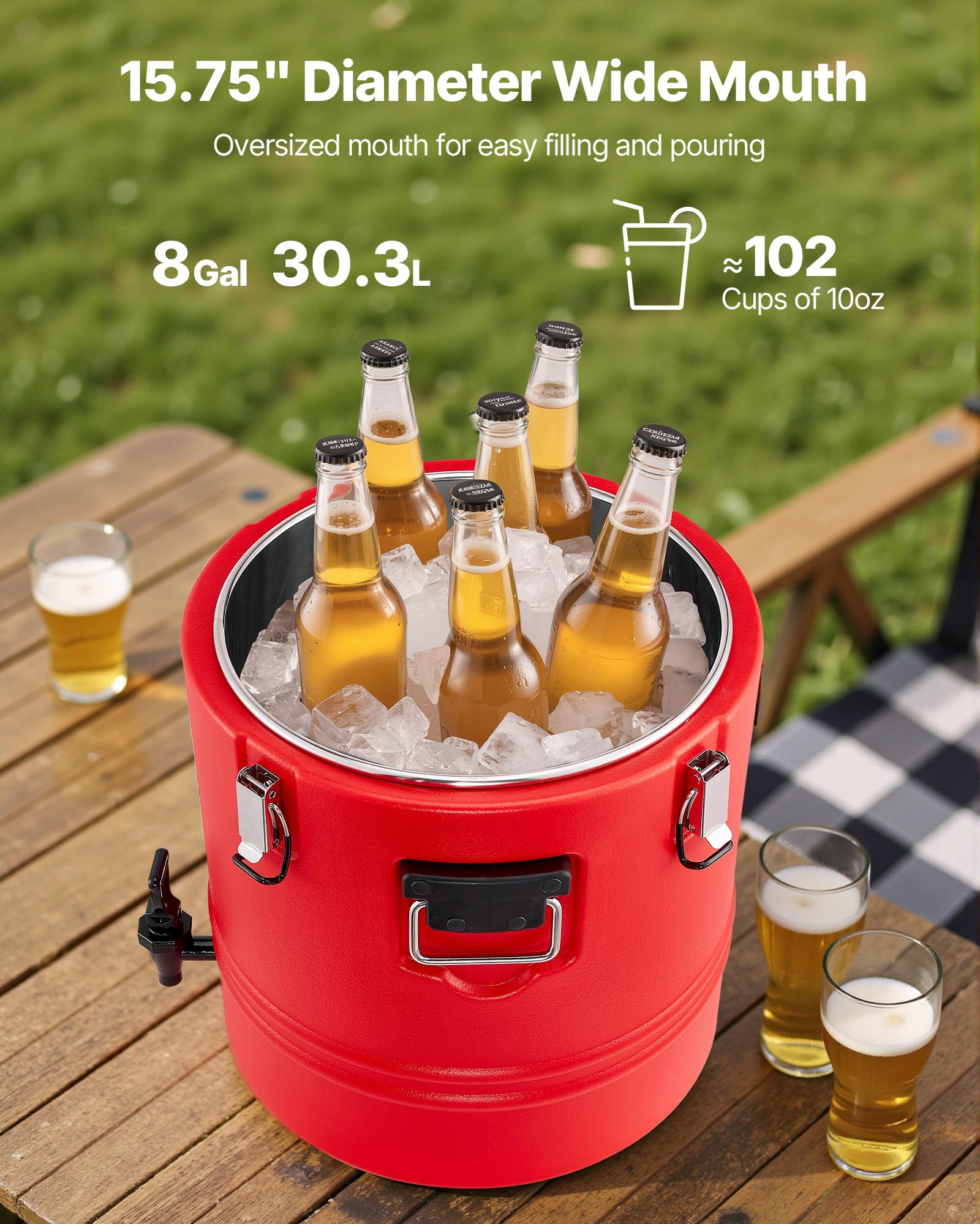 VEVOR Distributeur de Boissons Isotherme 30 L, Fontaine à Eau Chaude et Froide Non Électrique, Intérieur Inox 304, Rouge