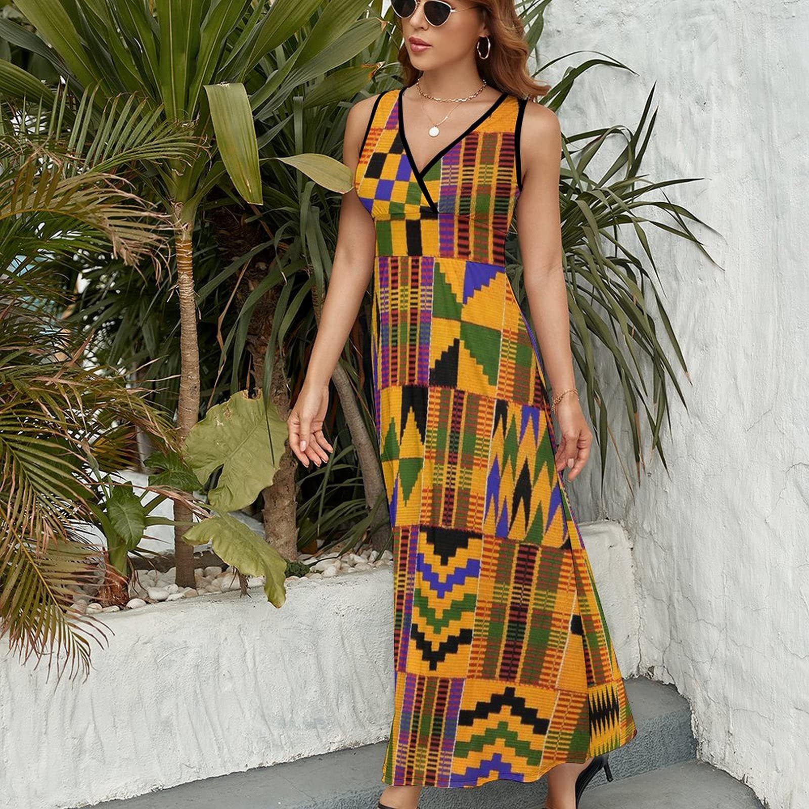 BAIKUTOUAN African Art_ Kente Cloth Long Dress for Women Summer Printed Sleeveless