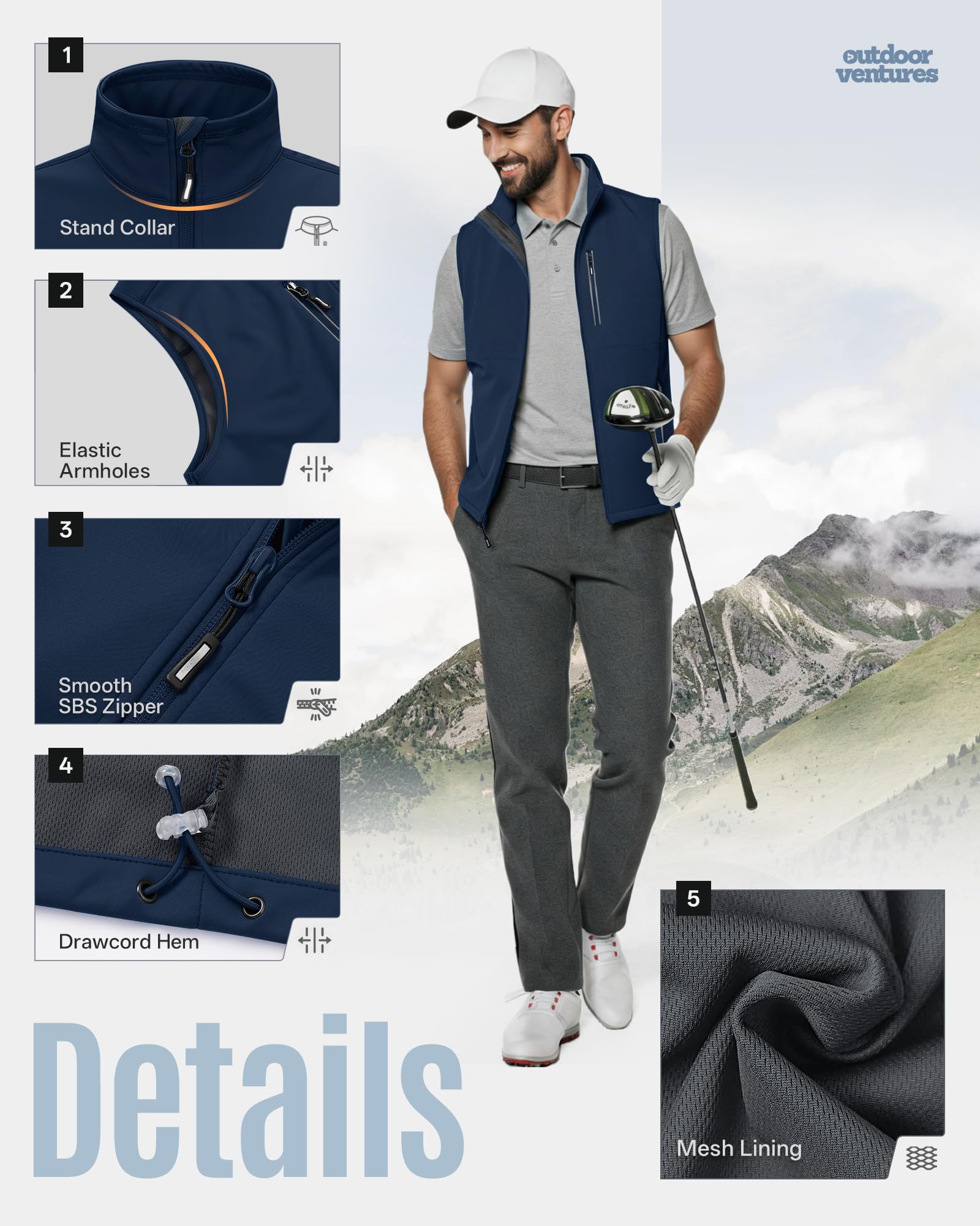 Outdoor Ventures Gilet coupe-vent Softshell léger sans manches pour homme, pour la course à pied, le golf, la randonnée, les voyages