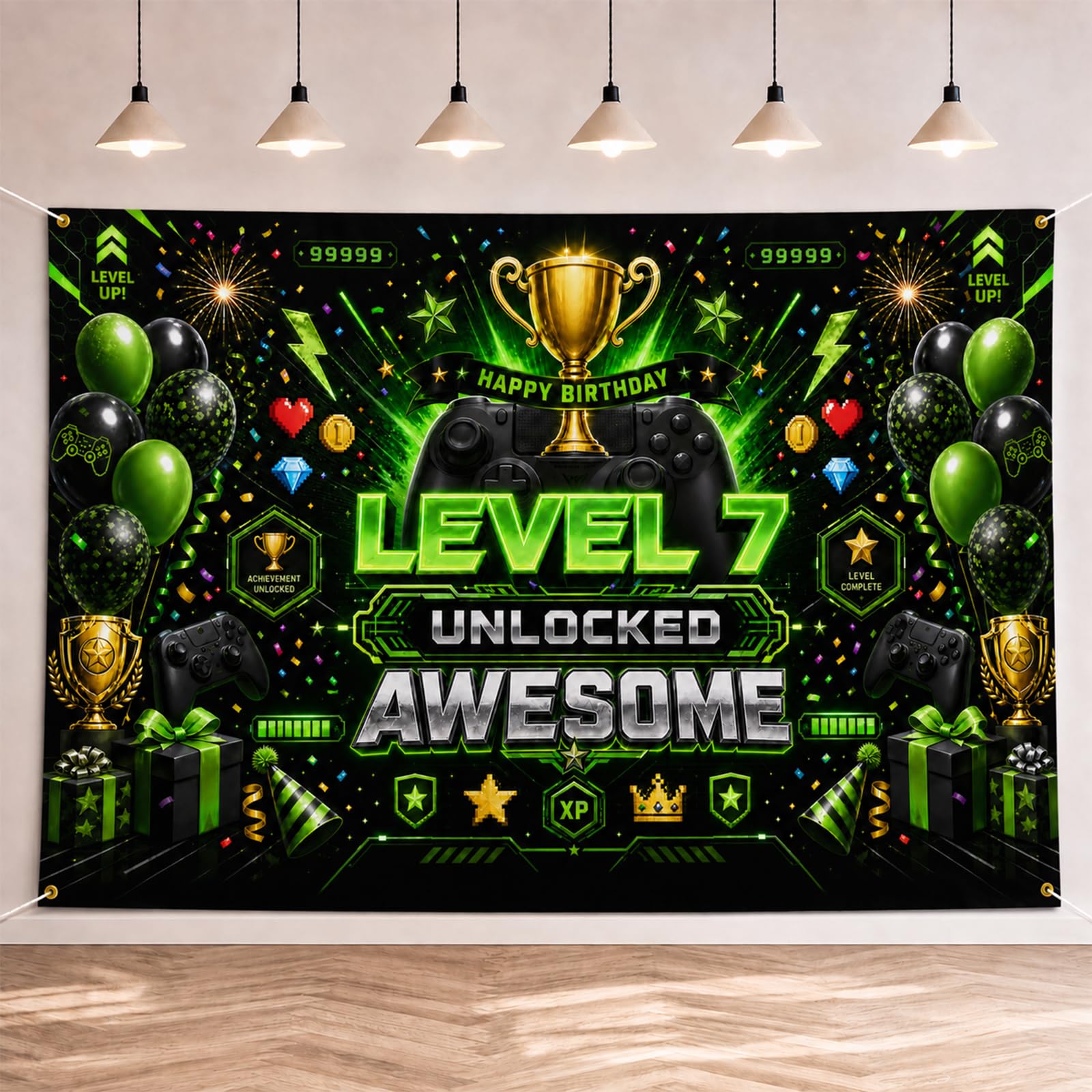 Geukmun 7th Birthday Decorations Banner Boys Gaming Backdrop 180x110cm
