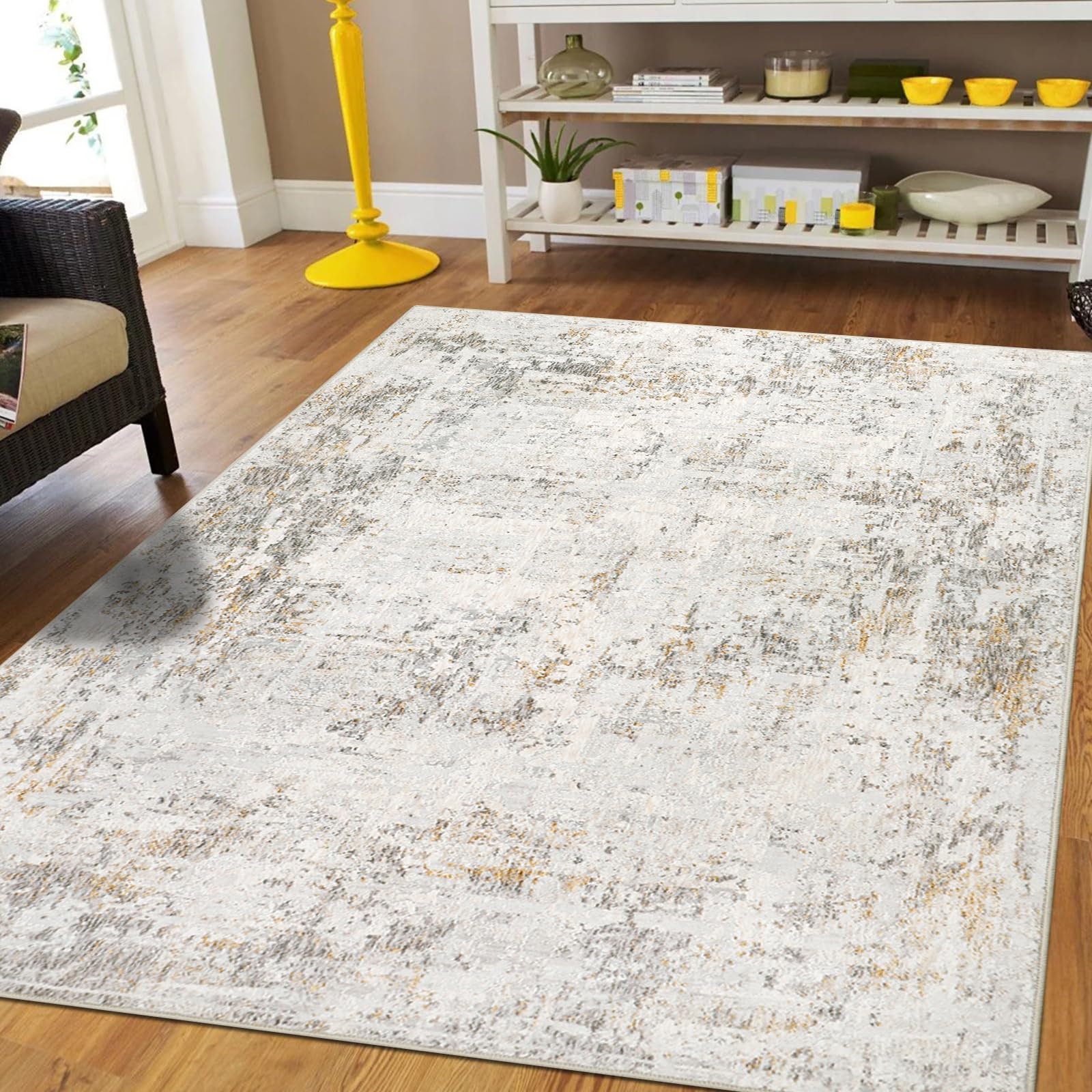 Capslpad Alfombra abstracta beige de 120 x 180 cm, moderna, de pelo corto, suave, de lana sintética, lavable, para interiores, antideslizante, minimalista, para sala de estar, dormitorio, oficina, OEKO-TEX STANDARD 100
