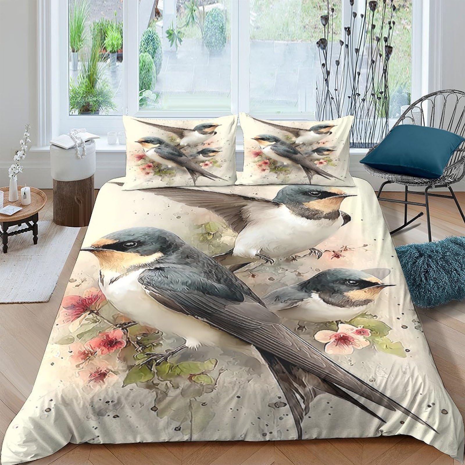 Ctjqhvkz Style-6 3D Printed Swallow Floral Fitted Sheet Microfiber Soft Mattress Cover Bedroom Decor Dustproof Easy Care Single（135X200cm）