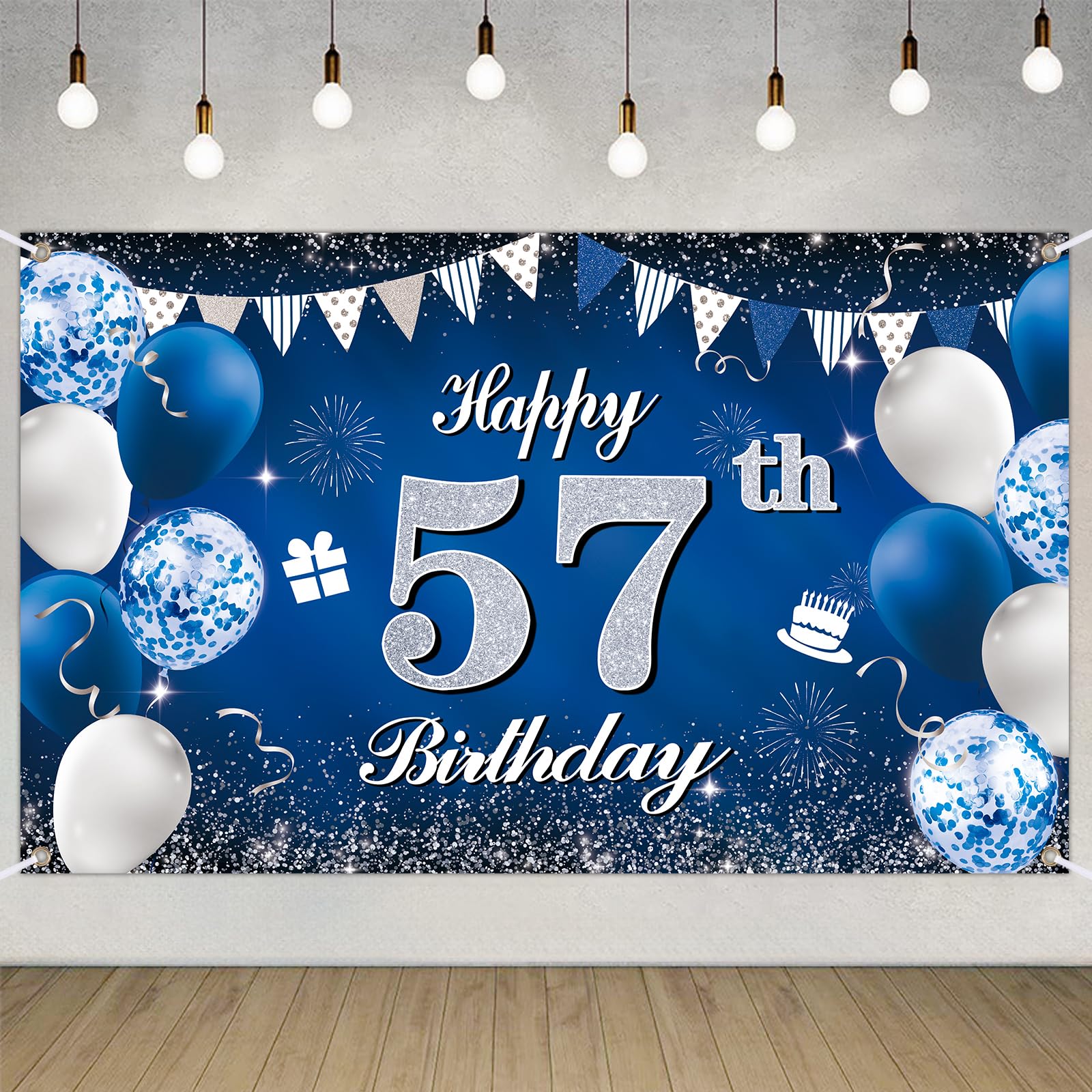 Happy 57th Birthday Decorations Blue Birthday Banner for Party Backdrop for Men Women Party Decoration Supplies