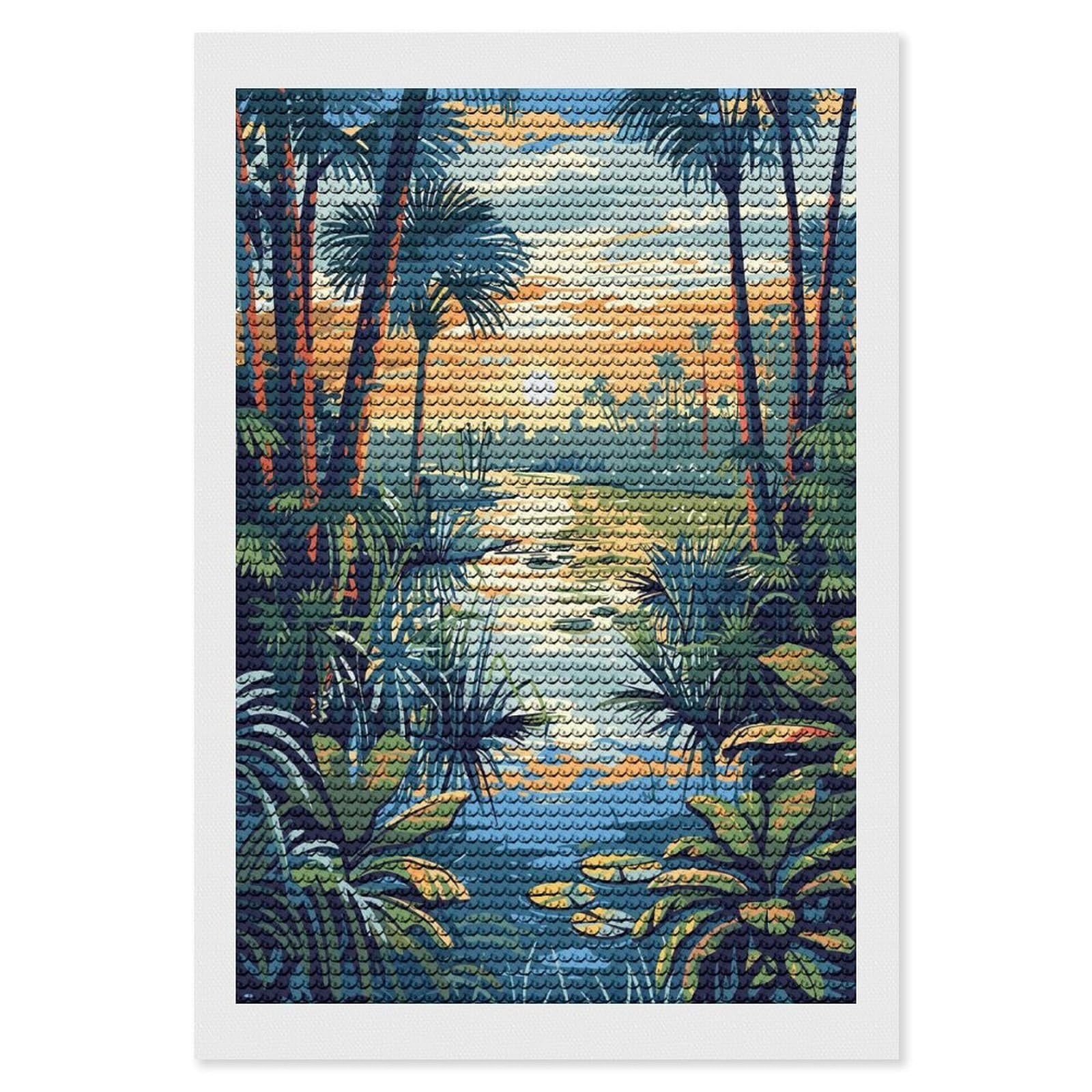 Junmoney Tropical River Landscape at Sunset Diamond Painting Set 8"x12", Neat Printed Canvas, with Tool Kit, Bedroom Decor, Gift Idea, Complete Accessories