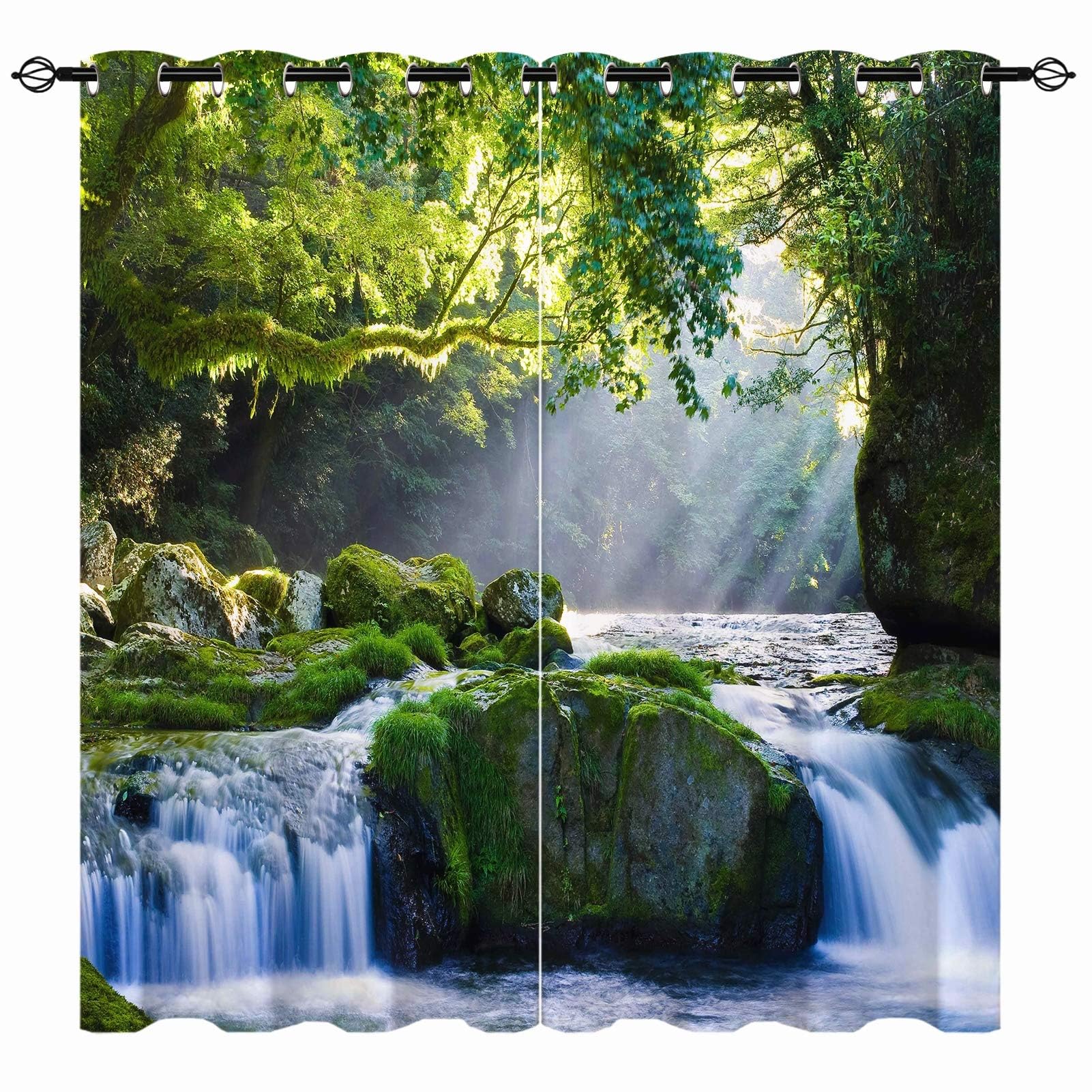 YUANZU Waterfall Curtains - Nature Tropical Forest Trees Grass Spring Scenery Print Pattern Eyelet Blackout Thermal Room Darkening Window Drapes for Bedroom Living Room 2 Panels W106cm x D160cm