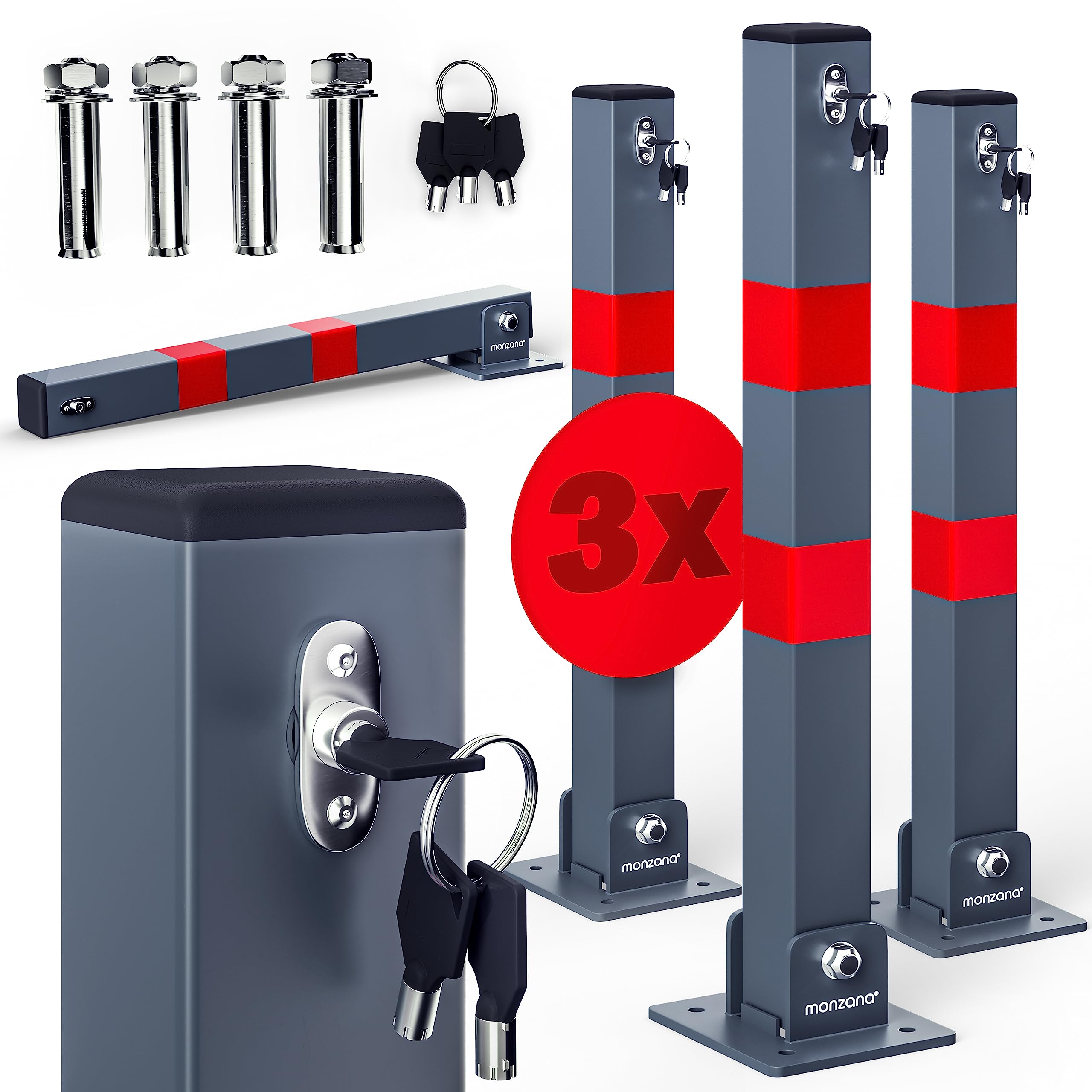 DEUBA® 3X Car Security Barrier for Driveways | Telescopic Retractable Parking Space Bollard | 3 Keys | Pre-Drilled Base Plate, Reflective Strips
