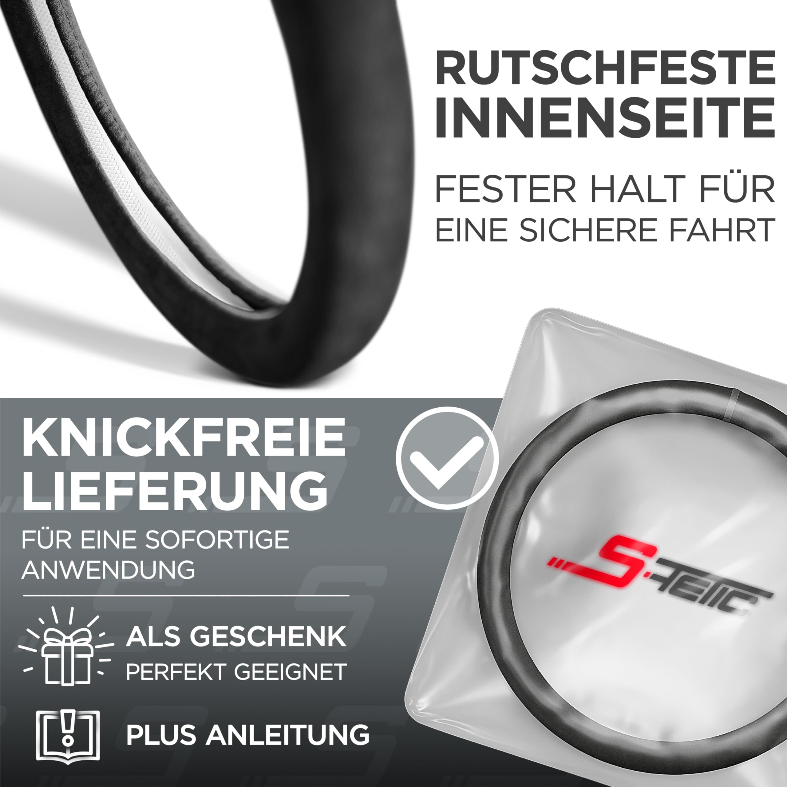 S-TETIC® Premium Lenkradbezug aus Alcantara | Schwarze 12-Uhr Markierung | Universalgröße 36-38 cm | Lenkradcover | für Sommer und Winter