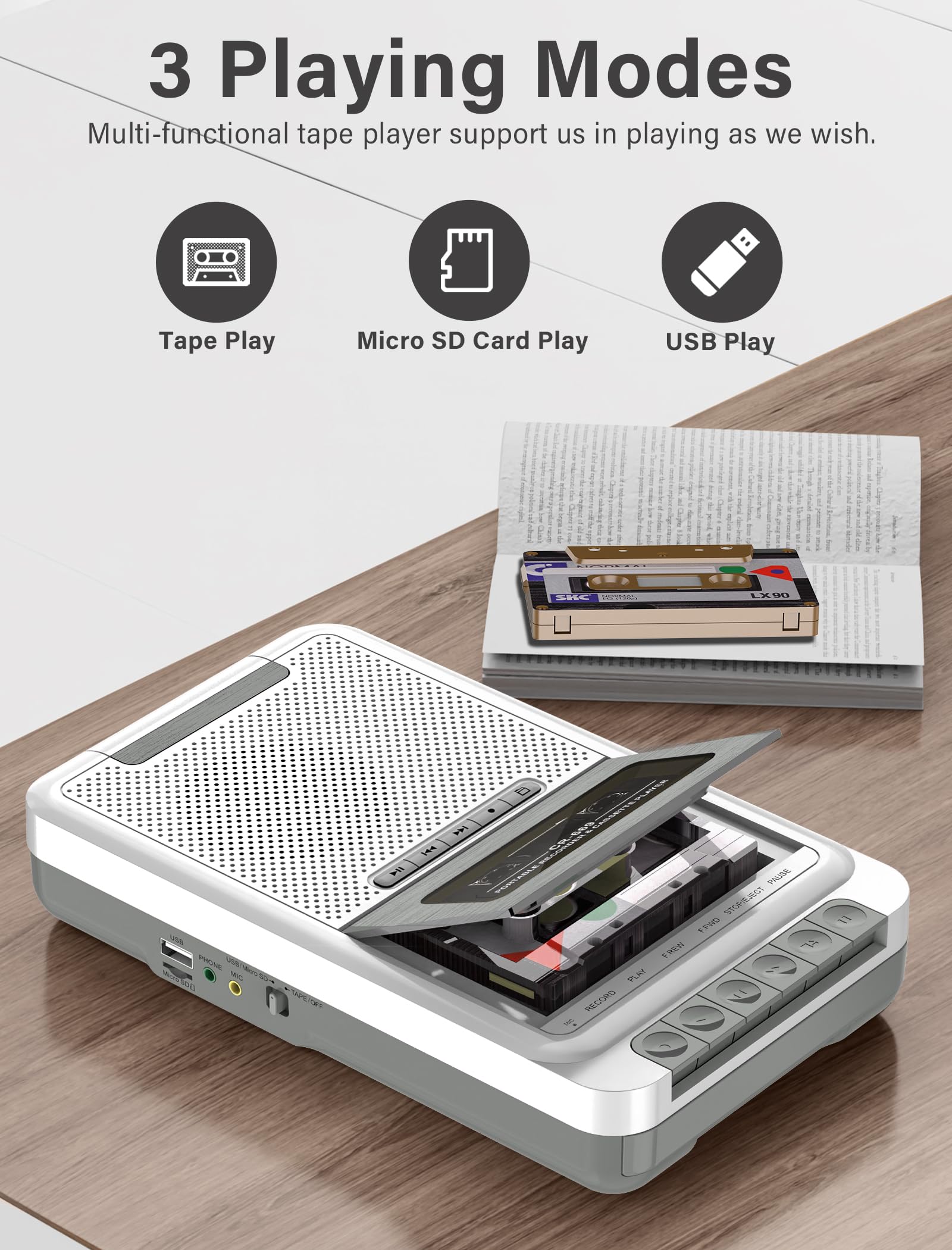Lettore di cassette portatile, registratore convertitore, registrazione su cassette/USB/scheda SD tramite microfono, da cassette a musica MP3 tramite U Disk/scheda SD o PC (bianco)