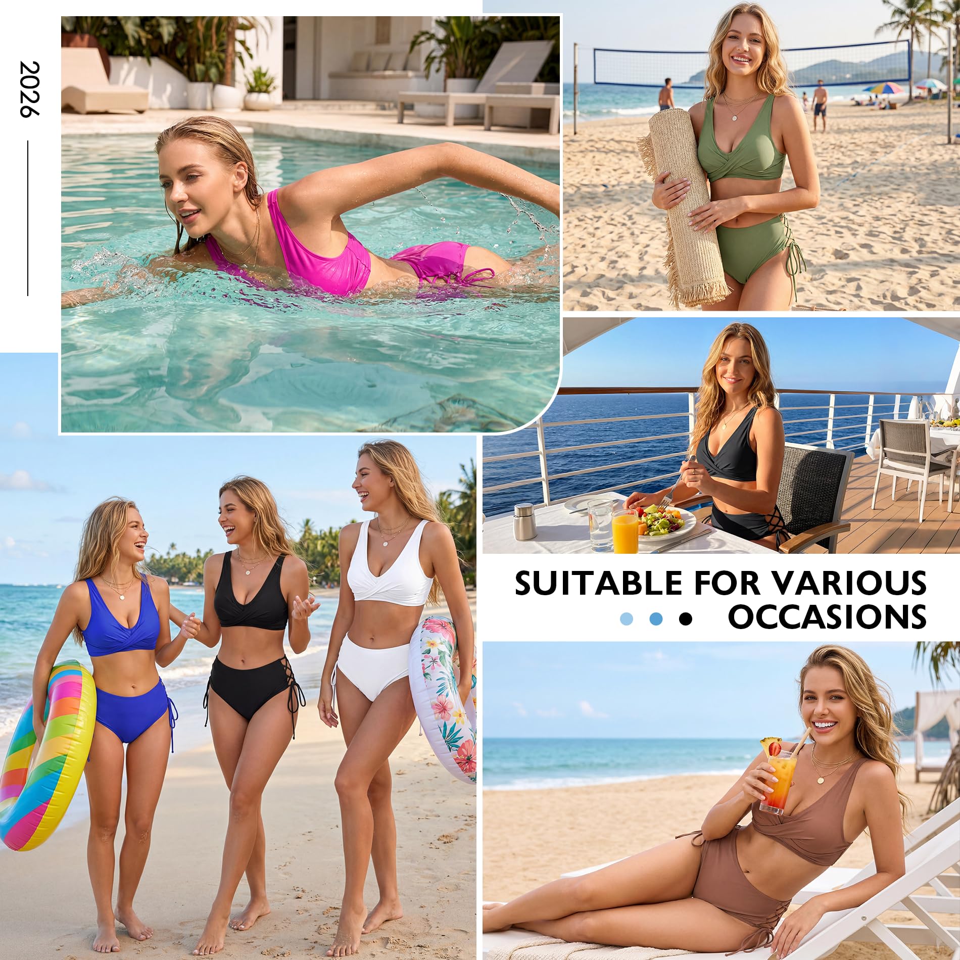 American Trends Costume da bagno da donna a vita alta, regolabile, imbottito, scollo a V, spalline larghe, set di due pezzi