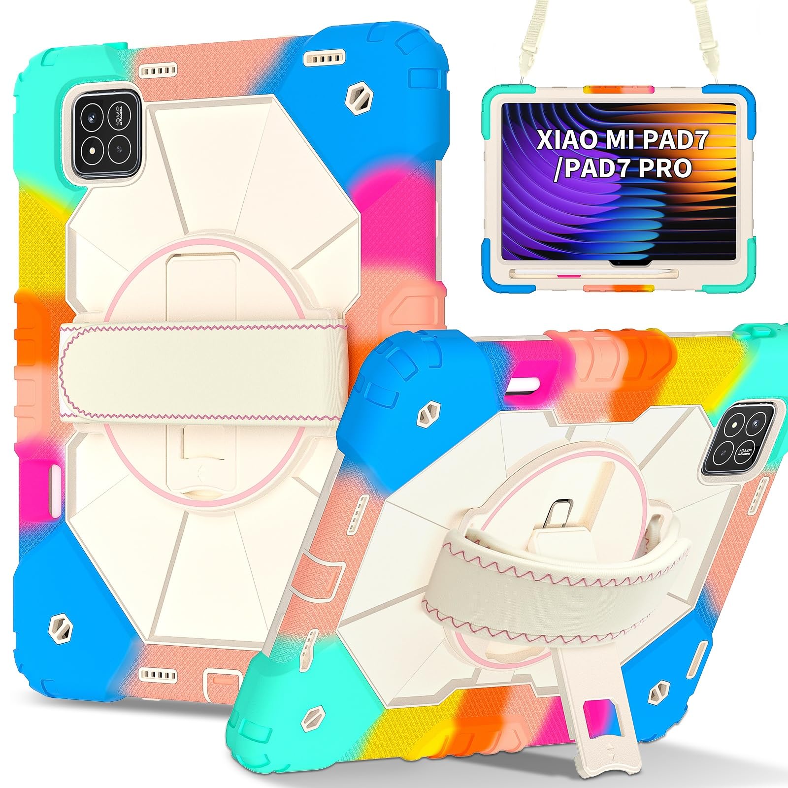 Kompatybilny z Xiaomi Pad7/Xiaomi Pad7 Pro 2024 Wstrząsoodporne etui dla dzieci, [podpórka] [pasek na ramię] Obrotowy o 360 stopni pasek rękę Uchwyt stojaka Wytrzymała, solidna obudowa(Colorful Blue)