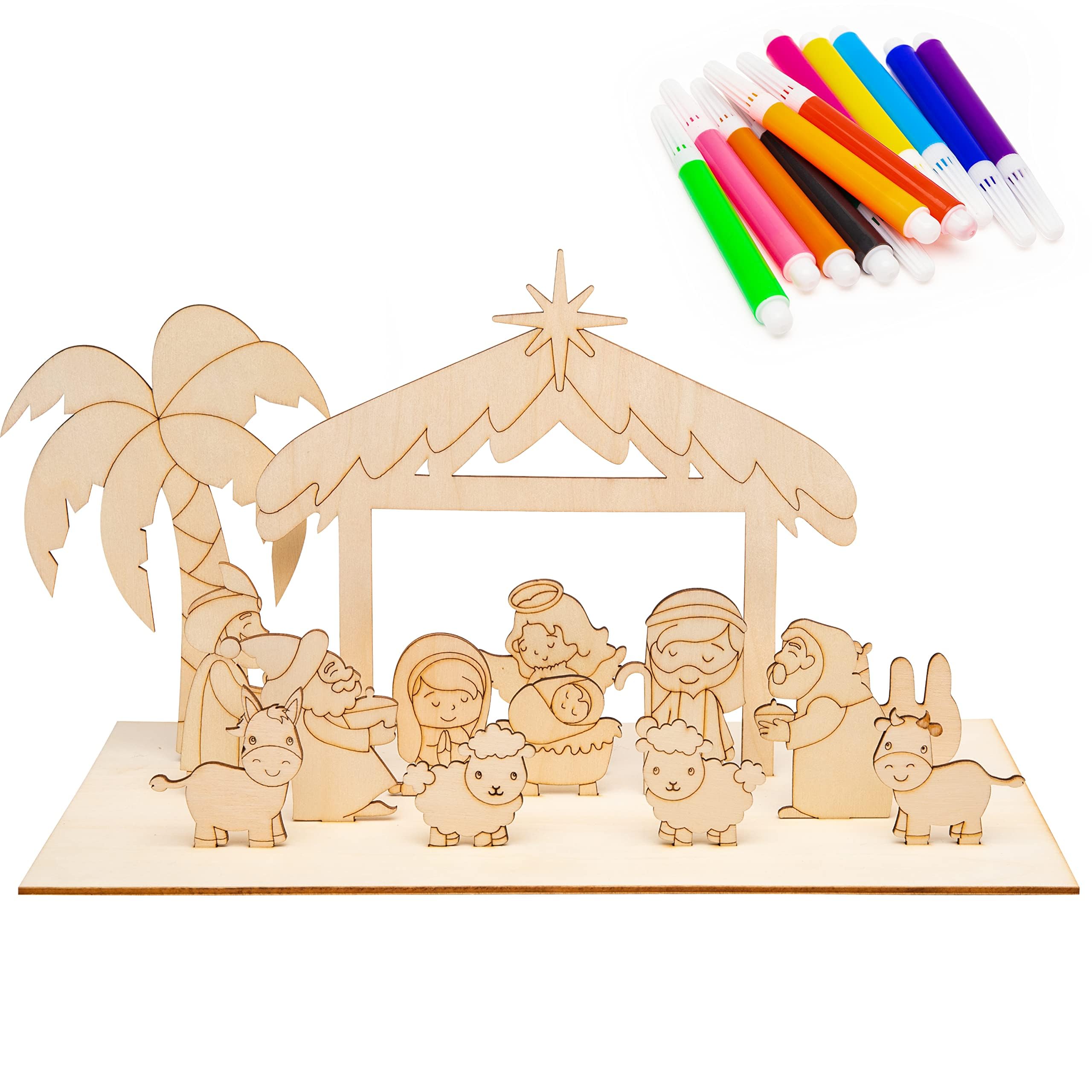 Haooryx Nativity Wood Art Craft - 15Pcs 3D Scene Storytelling Christmas Color Your Own Xmas Decorations - Celebrate The Birth Party Game Christian Birthday Gift
