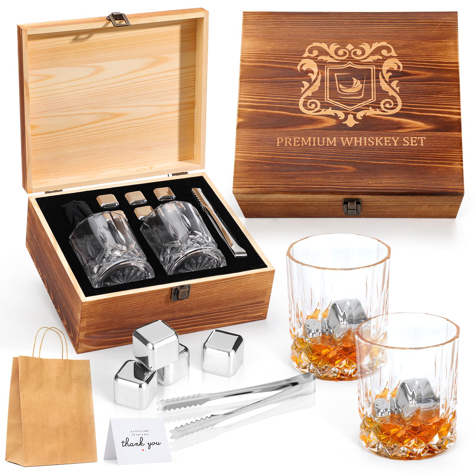 Whiskey Glasses Set, Men Chrismas Birthday Gift Set, Whiskey Stones Bourbon Rock Glass with Wooden Gift Box, Cool Burbon Scotch Cocktail Set Gifts