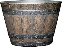 Classic Home & Garden 9" Whiskey Barrel Resin Planter - Weatherproof Indoor Outdoor Flower Pot, Walnut Brown Wood Finish