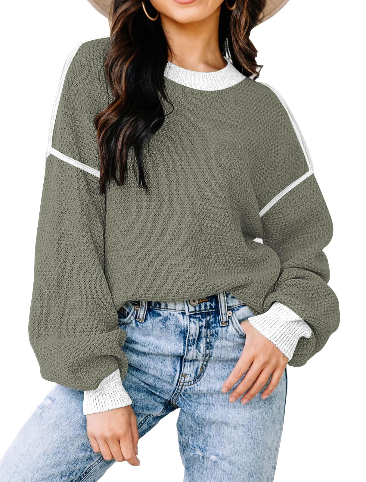 Womens Sweaters Fall 2025 Fashion Long Sleeve Color Block Oversized Sweater Trendy Casual Crew Neck Knitted Tops Pullover