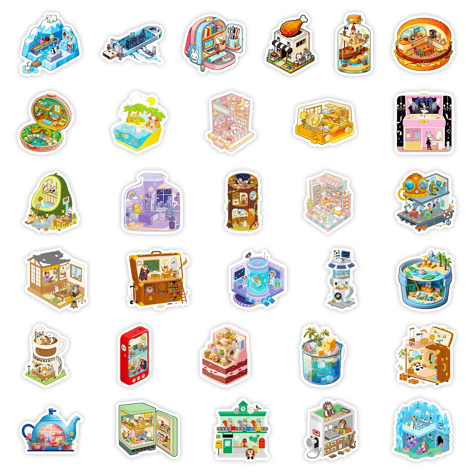 Anboor Stickers for Water Bottles, 56PCS 3D Miniature Scene Sticker, Waterproof Vinyl Room House Stickers for Laptop Luggage Skateboard Teens Adults - 3