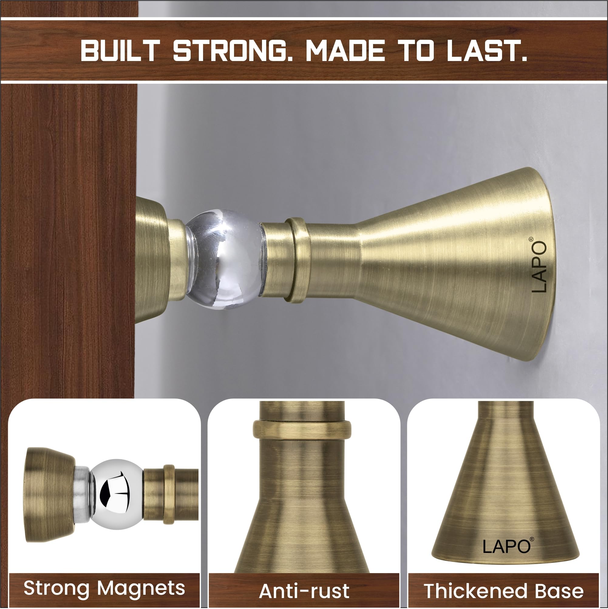 LAPO Premium Stainless Steel Magnetic Door Stopper | Soft-Close Door Catch | Adjustable Angle Design | 360° Hold | Strong Door Holding | Quick Installation | Antique Finish | Pack of 1 — Amazon image 4