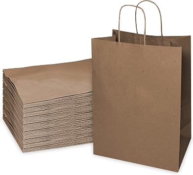 EcoQuality - 13x7x17 inches - 25pcs - Large Brown Kraft Paper Bags with Handles, Shopping, Gift Bags, Party, Merchandise, Lunch Bags, Grocery Bags