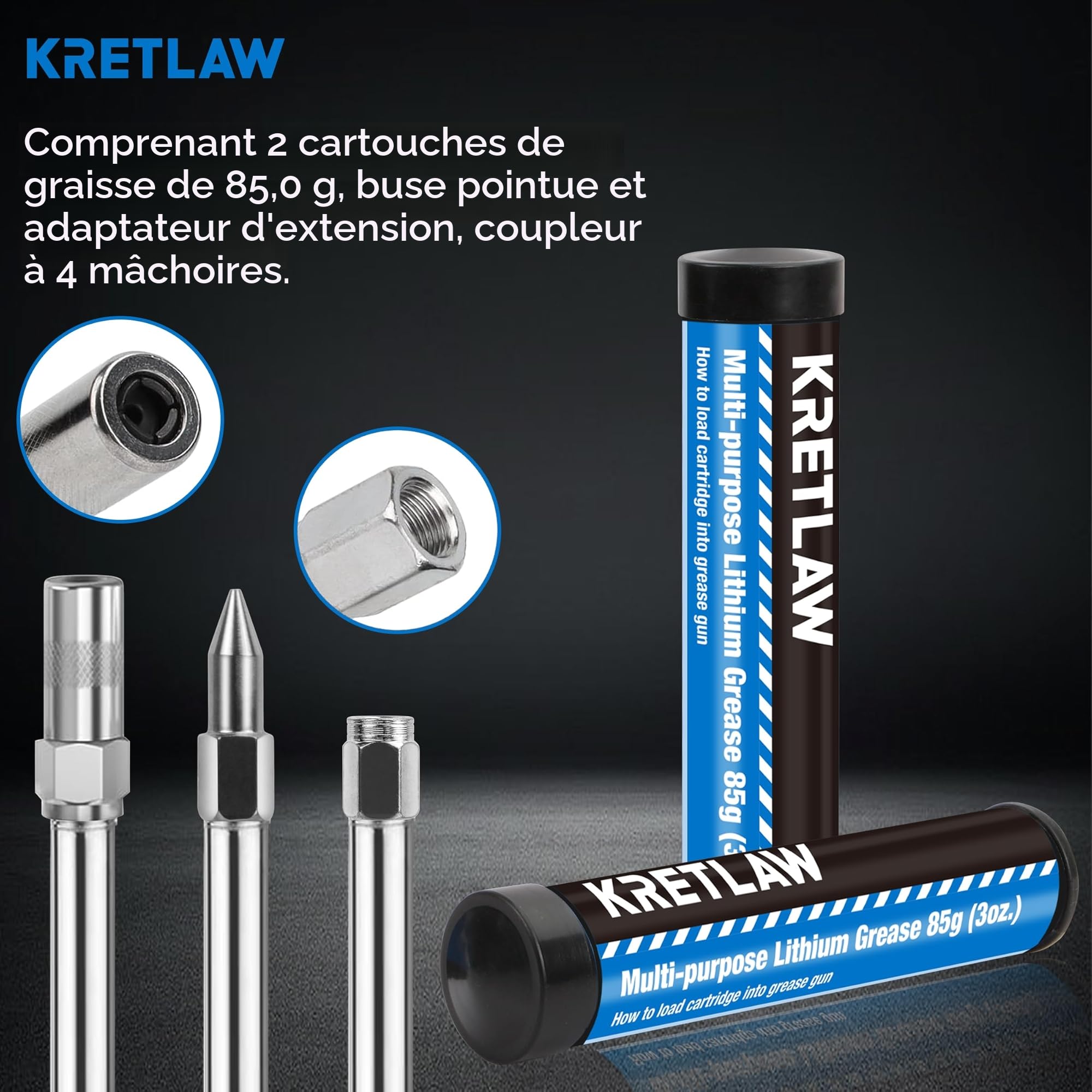 KRETLAW Kit de Mini Graisseuse, Petite graisseuse (3000 PSI) avec Graisse en Cartouche Double 85G et Flexible de 305 mm, couplage renforcé pour Automobile et Marine