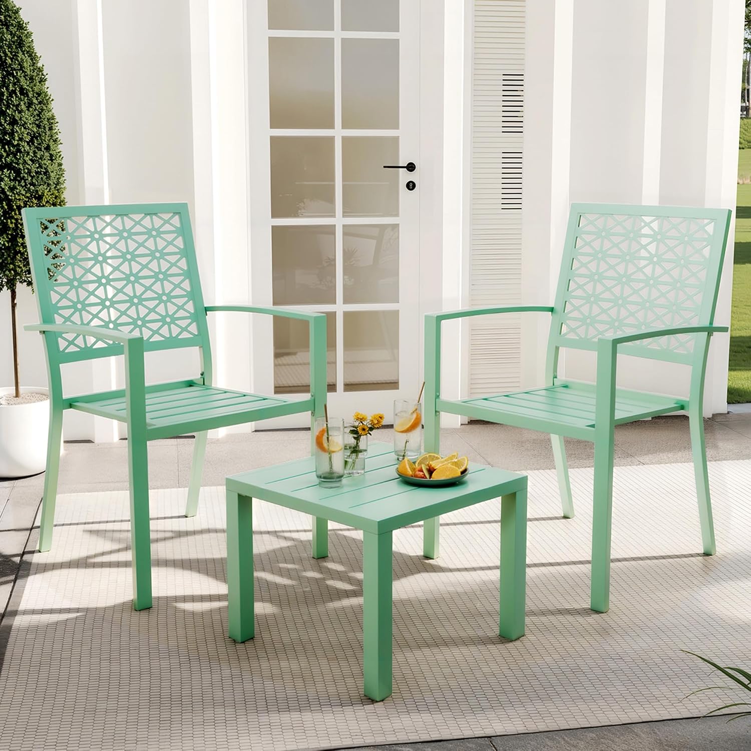 3 Piece Patio Bistro Set, Stackable Outdoor Furniture Set for Porch and Apartment, Bistro Table and Chairs with Carved Backs, Light Green Small Balcony Furniture