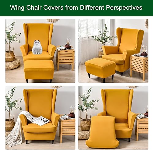 Miniatura 3 de CRFATOP Fundas de poliéster para silla de alas de 2 piezas, fundas elásticas para silla con respaldo de ala, fundas sólidas con parte inferior