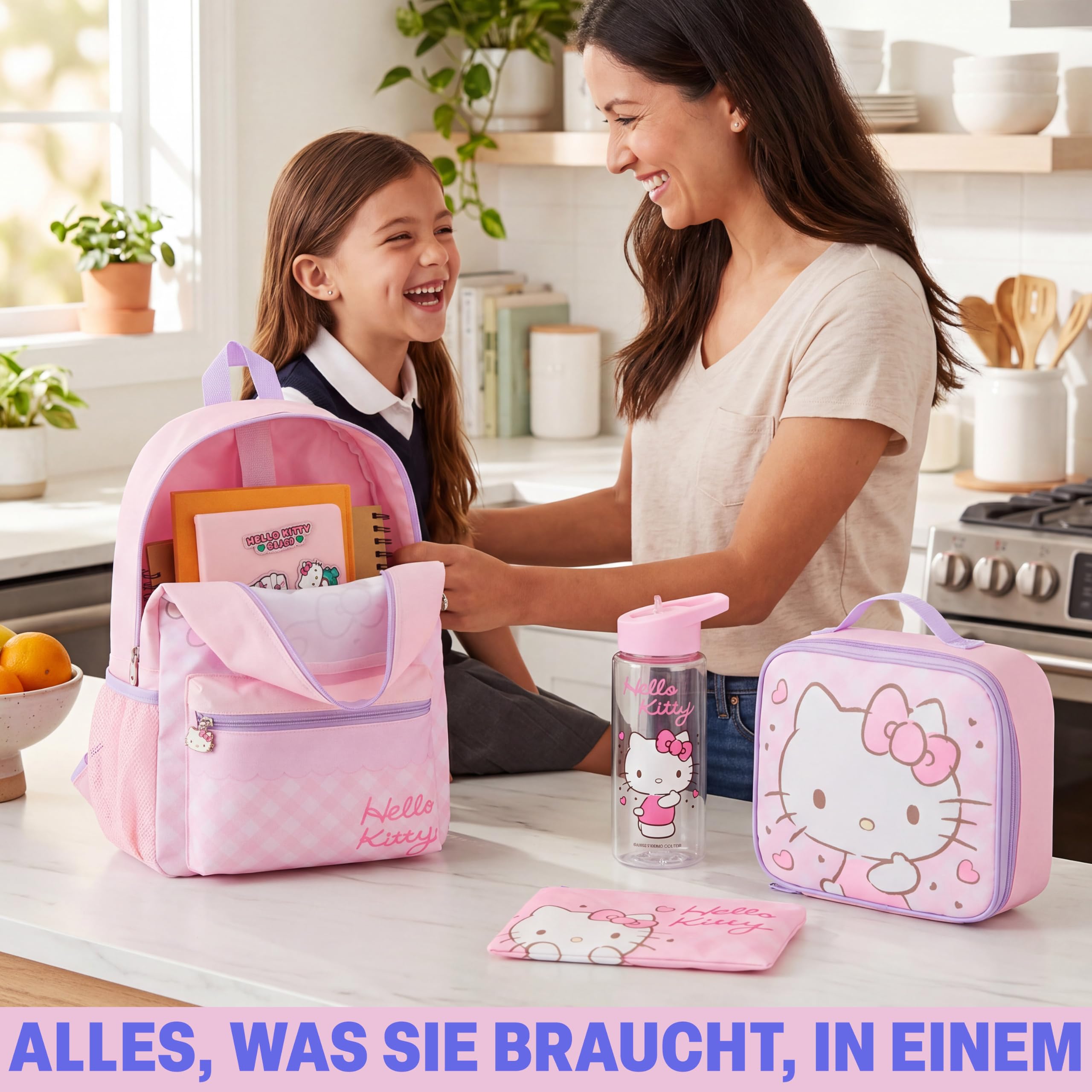 Get Trend Hello Kitty Sanrio Rucksack Kinder 4 TLG. Größer Kinderrucksack, Trinkflasche 500ml, Federmäppchen & Isolierte Lunchtasche, Geschenk für Kinder (Rosa Hello Kitty)