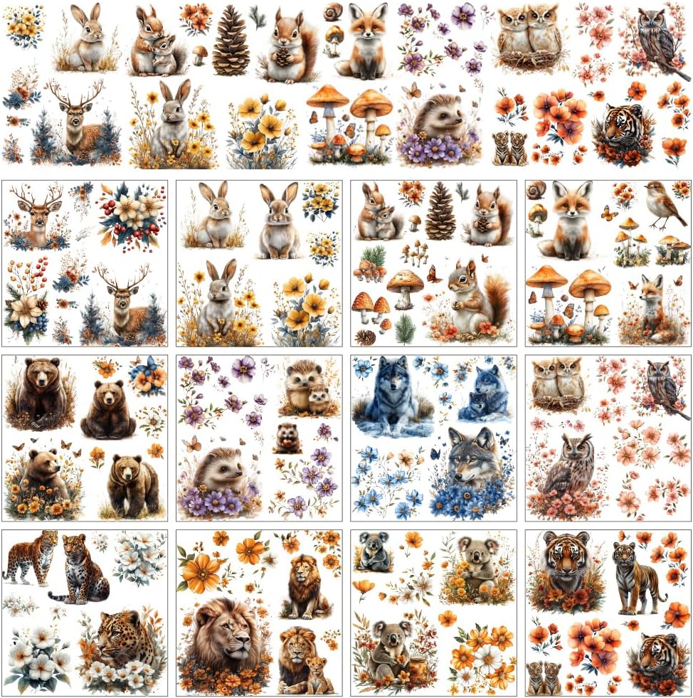 AHANDMAKER 12 Sheets Woodland Animals Rub On Transfer Stickers, 5.5x5.5In Animal and Plants Themed Window Decoration Featuring Bears, Deer, Rabbits and More for DIY Crafts Scrapbooking Furniture Decor