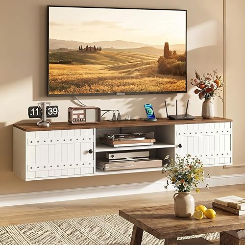 Farmhouse Floating TV Stand for TVs up to 75'', Wall-Mounted Media Console with Charging Station and Storage, Entertainment Center with Doors, for Living Room, Bedroom, White and Walnut