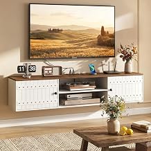 Farmhouse Floating TV Stand for TVs up to 75'', Wall-Mounted Media Console with Charging Station and Storage, Entertainment Center with Doors, for Living Room, Bedroom, White and Walnut