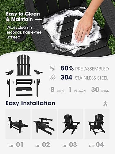 Miniatura 7 de KINGYES Silla Adirondack plegable ajustable con otomana retráctil, silla reclinable Adirondack de polietileno de alta densidad con soporte para Negro